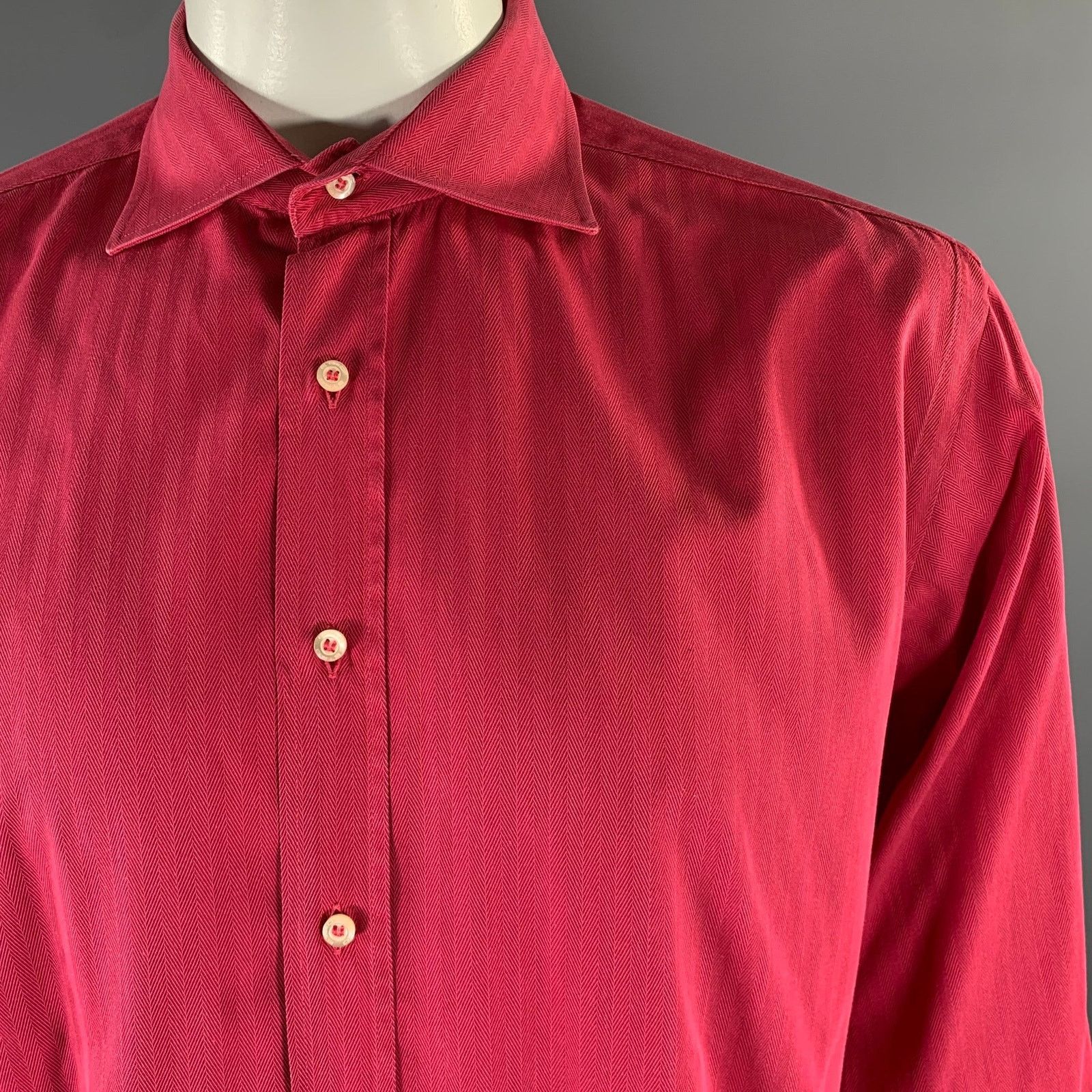 Etro ETRO XL Red Magenta Herringbone Spread Collar Shirt Size US XL / EU 56 / 4 - 2 Thumbnail