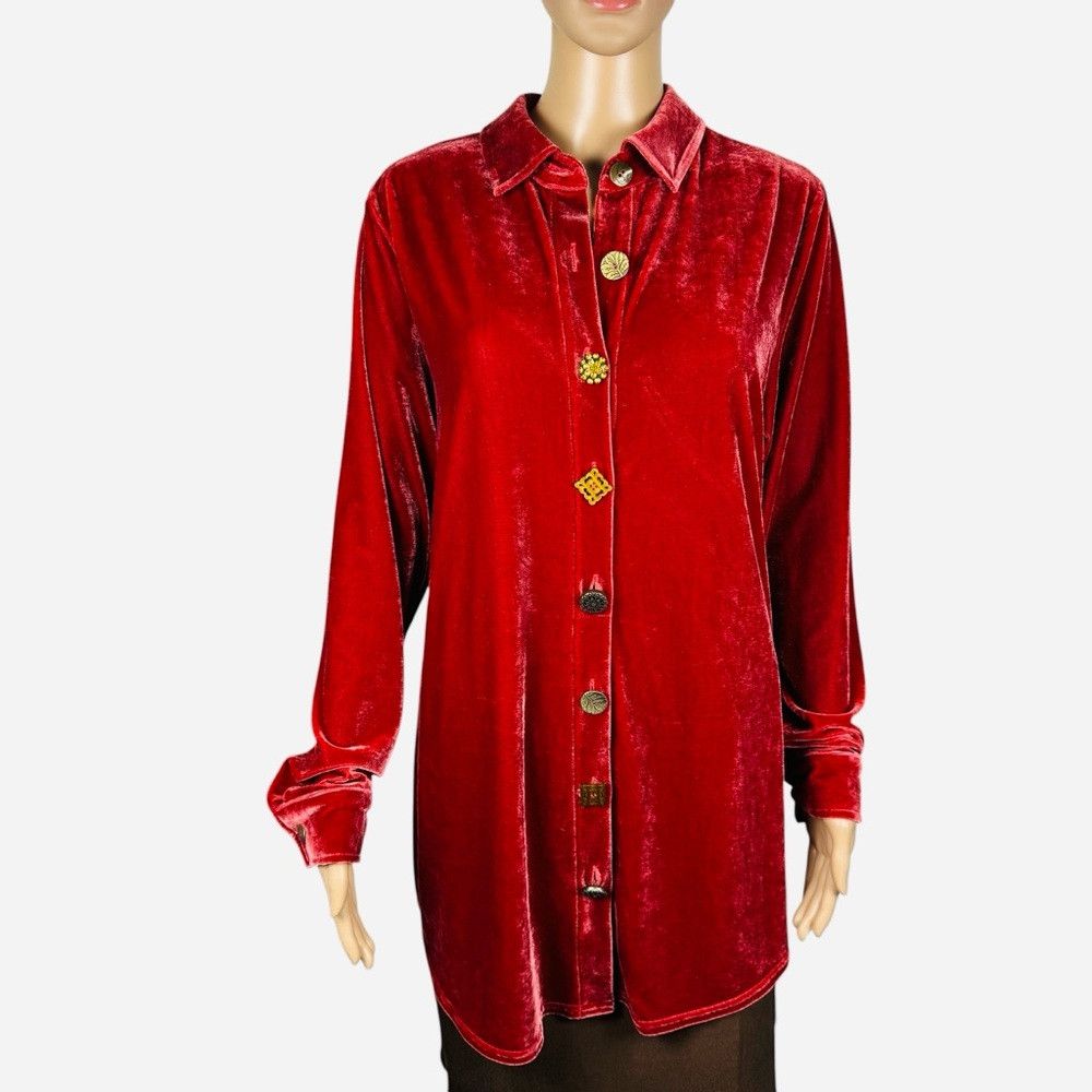 Soft Surroundings Soft Surroundings Red Velvet Button-Up Shirt Mixed Buttons Size M / US 6-8 / IT 42-44 - 3 Thumbnail