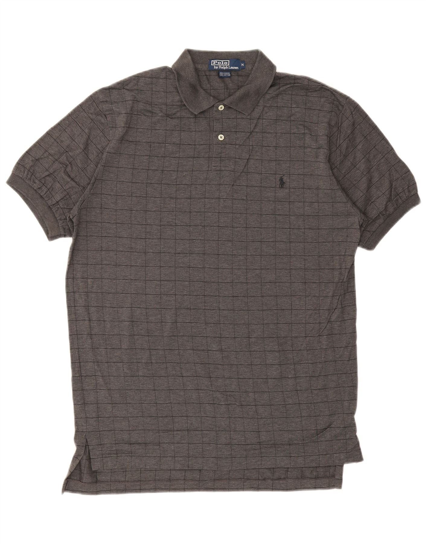 Mens Polo Shirt Medium Grey Check Cotton