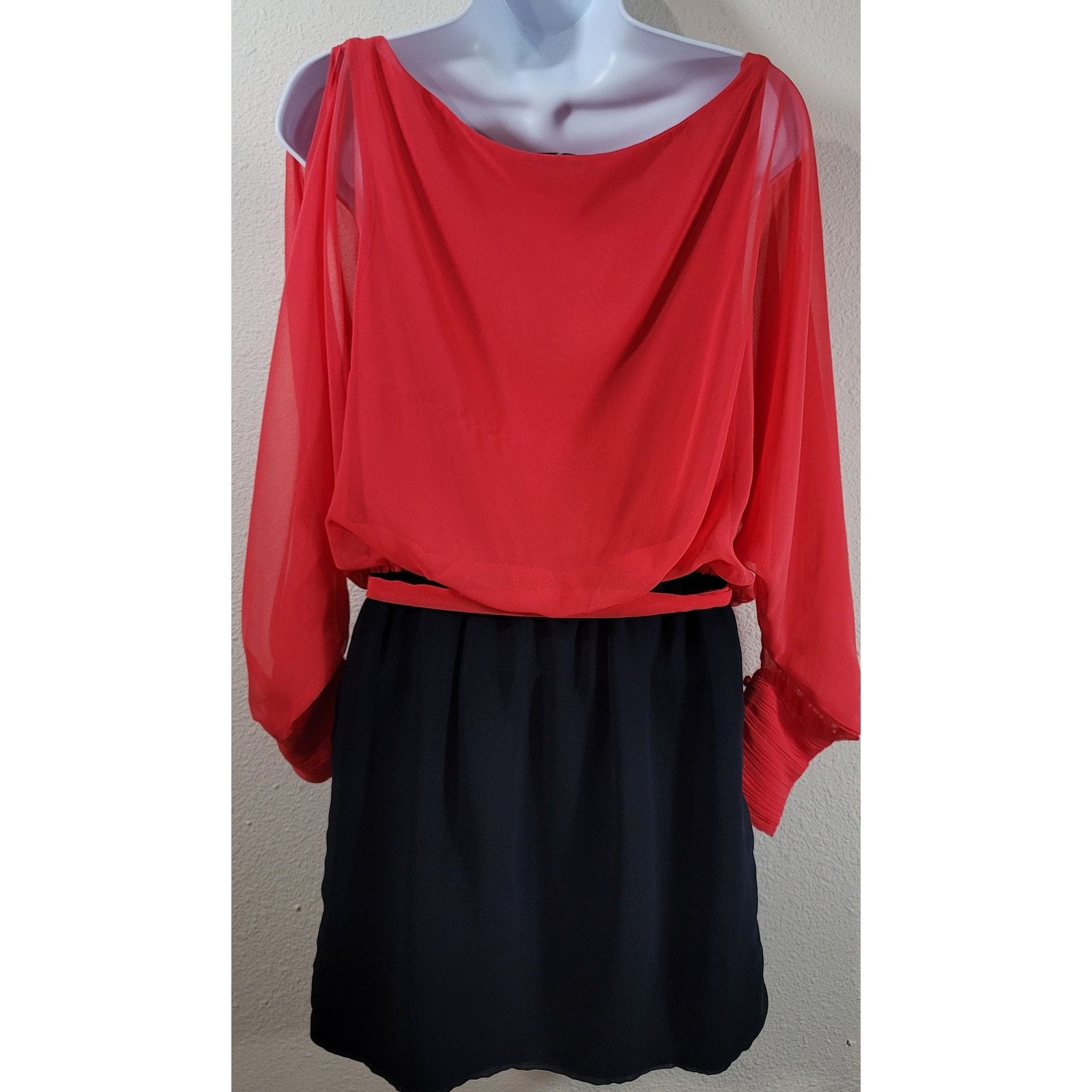 Other Coral Orange Blue Cold Shoulder Sheer Overlay Mini Dress S Size S / US 4 / IT 40 - 3 Thumbnail