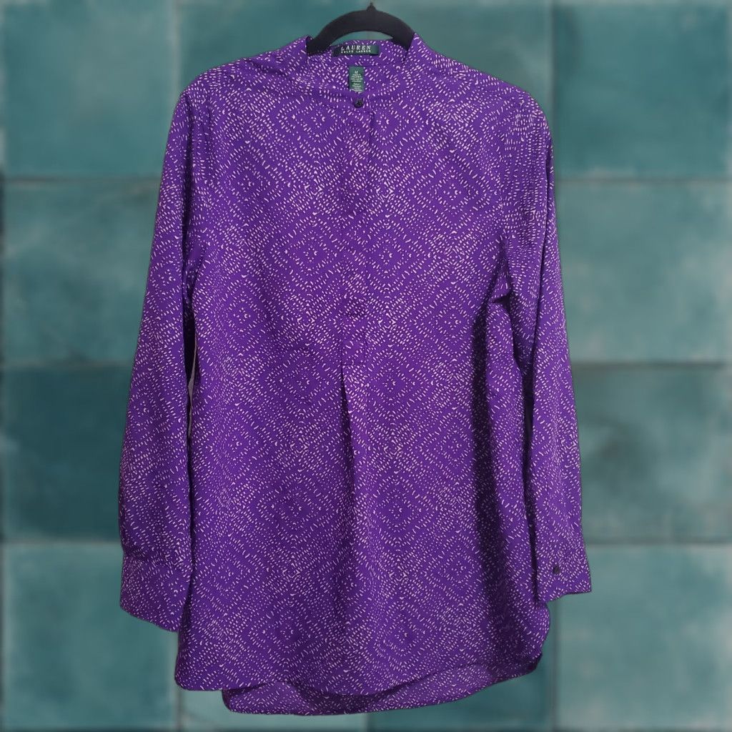 Ralph Lauren Lauren Ralph Lauren Womens Tunic Top Purple Print 1/2 Button Popover Size M Geometric Long Sleeve Strap? Wait. Size M / US 6-8 / IT 42-44 - 1 Thumbnail