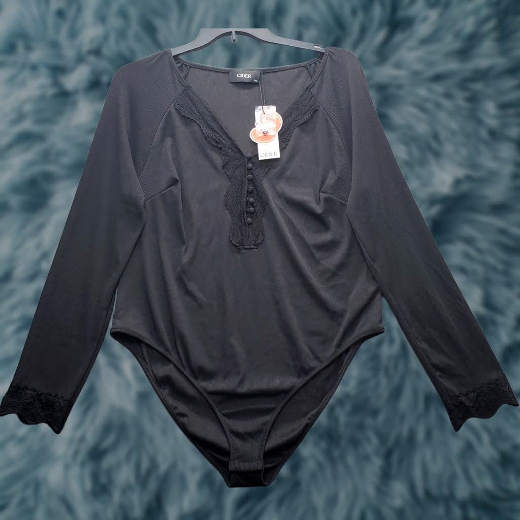 Cider Cider Bodysuit Women 2XL Black Lace Trim Stretch Long Sleeve V-Neck Button Front Womens Size 2XL Size XXL / US 16-18 / IT 52-54 - 1 Thumbnail