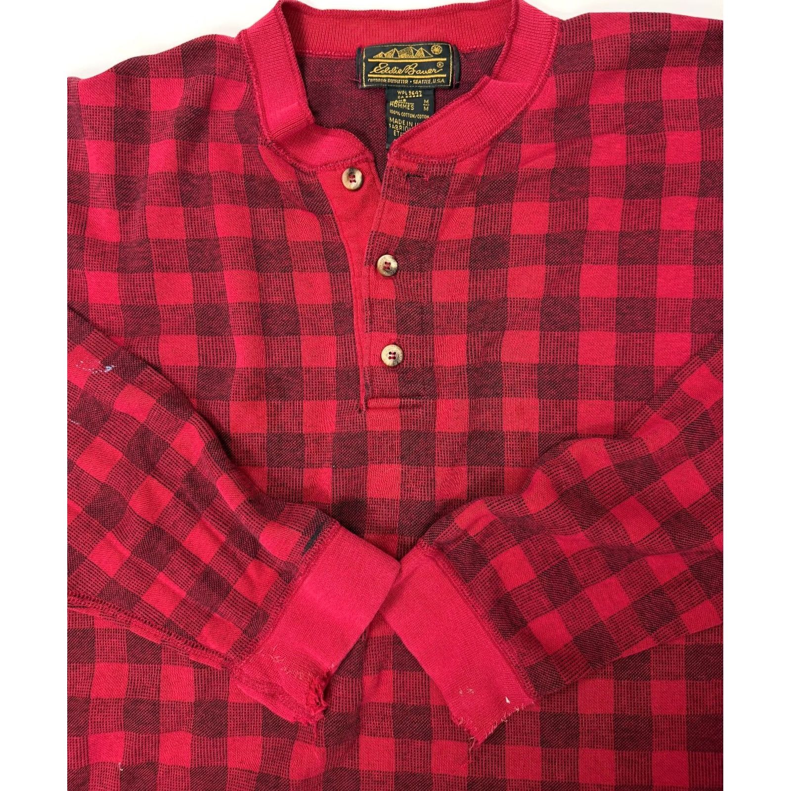 Eddie Bauer Vintage Eddie Bauer Henley Shirt Men M Red Check 90s Outdoors Cotton Knit Size US M / EU 48-50 / 2 - 2 Thumbnail