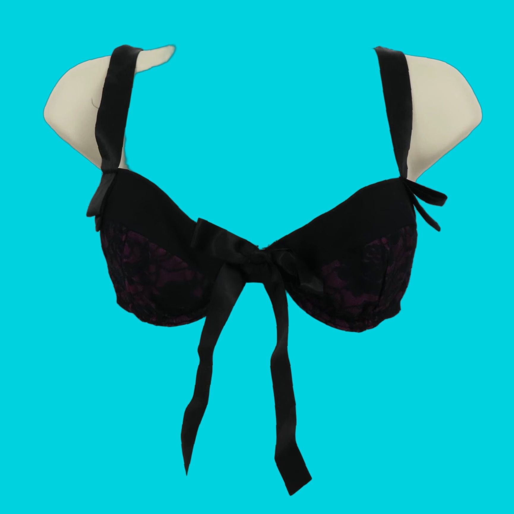 Vintage Frederick's of Hollywood Womens Medium Black Purple Floral Lace Satin Bow Bra Balconette M Underwire Nylon"} Size ONE SIZE - 1 Thumbnail