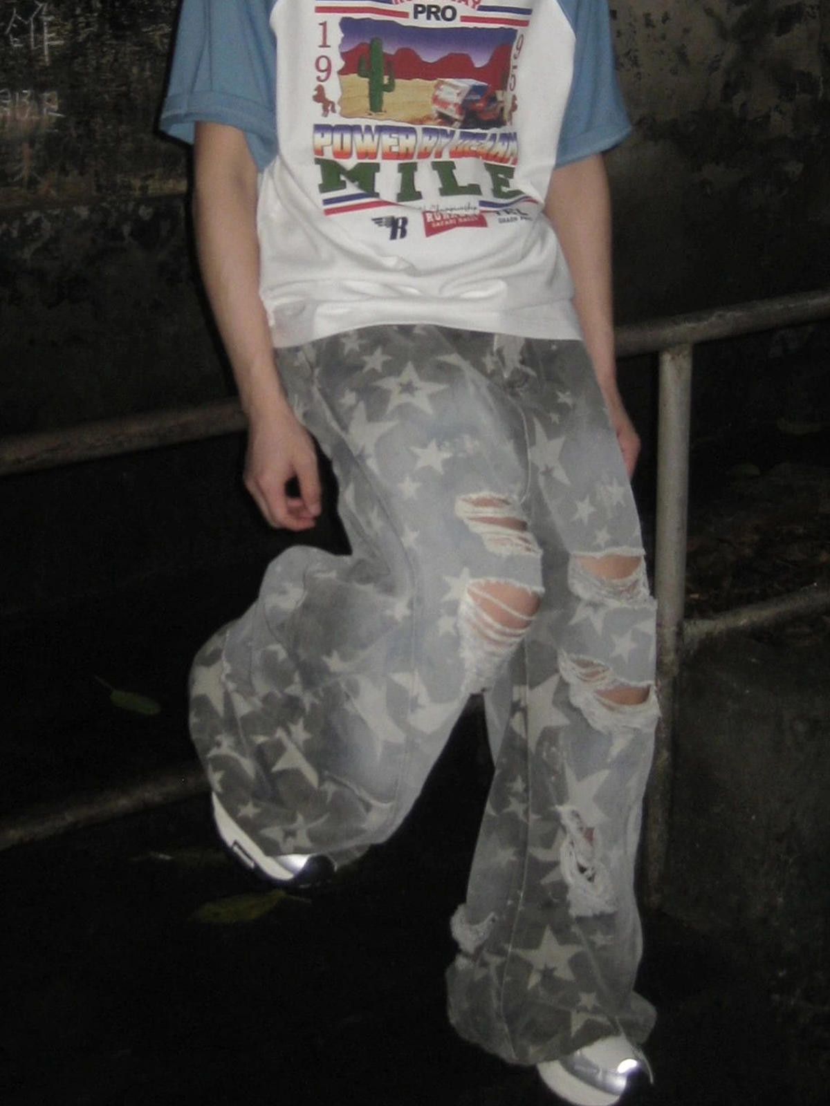 Japanese Brand Gray Star Print Distressed Baggy Jeans, Relaxed Fit Size US 32 / EU 48 - 4 Thumbnail