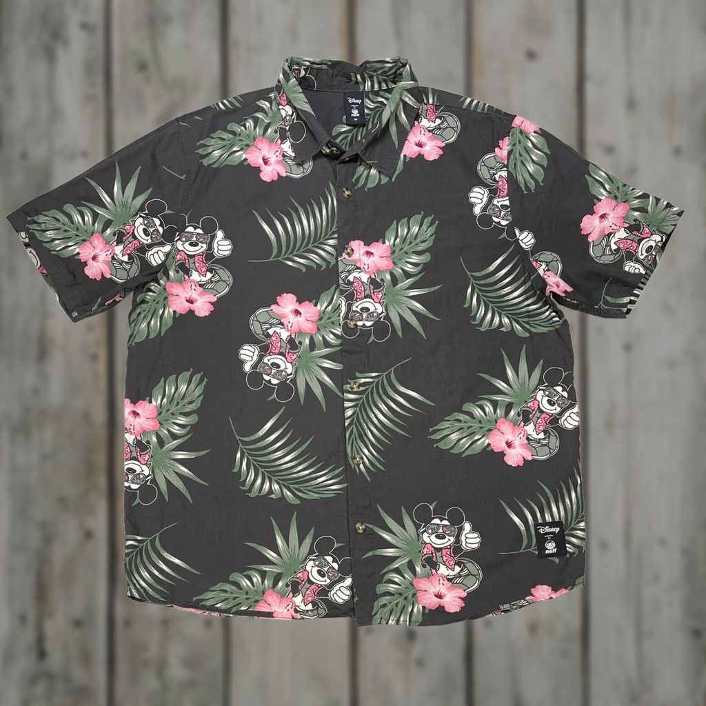 Disney Neff Disney Mickey Mouse Hawaiian Floral Aloha Black Button Shirt AOP M Cotton Short Sleeve Button-Up Mens Regular Front Logo Size US M / EU 48-50 / 2 - 1 Thumbnail