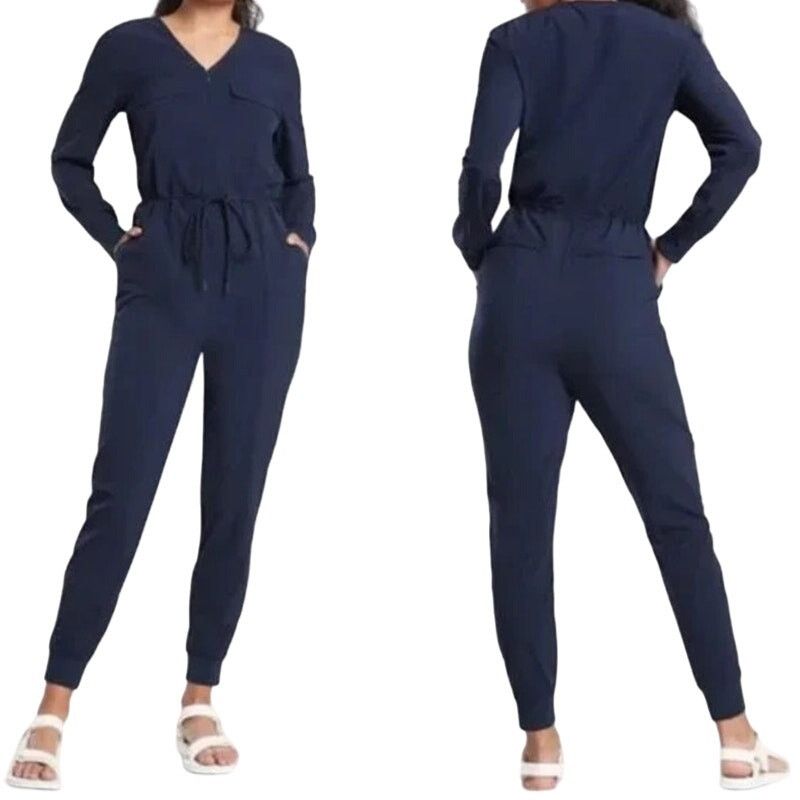 Athleta Zuma Jumpsuit Tie Waist Pocket Featherweight Navy M