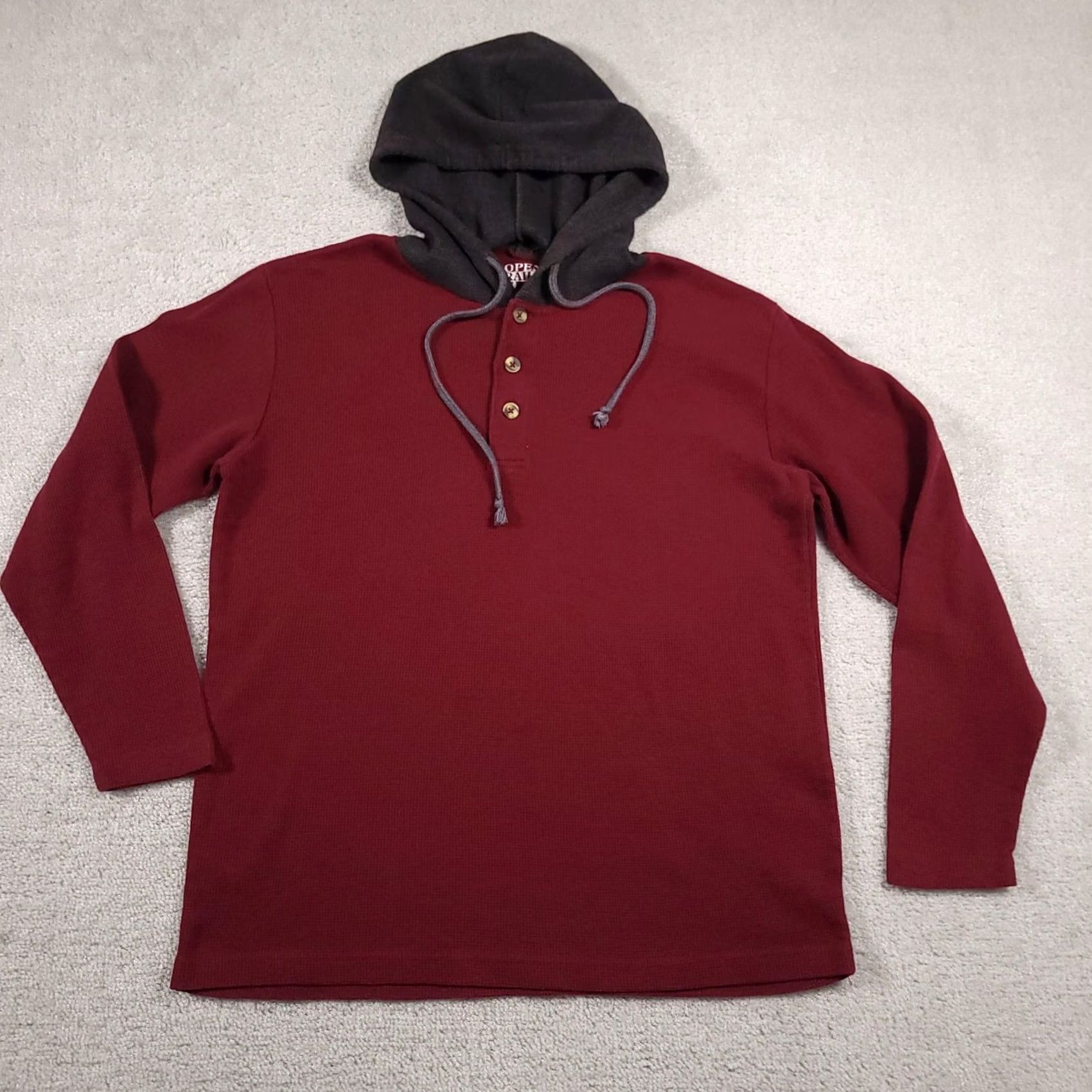 Vintage Open Trails Pullover Hoodie Mens Large Maroon Gray Button Henley Hood Casual Size US L / EU 52-54 / 3 - 2 Thumbnail