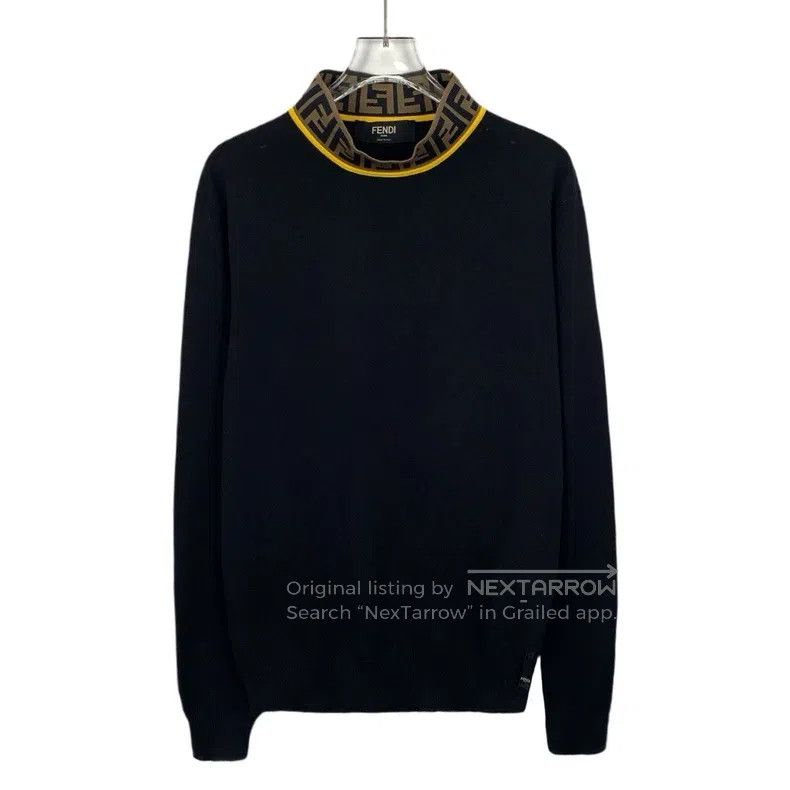 Fendi Fendi Black collar logo letter merino wool long sleeve kni Size US M / EU 48-50 / 2 - 1 Thumbnail