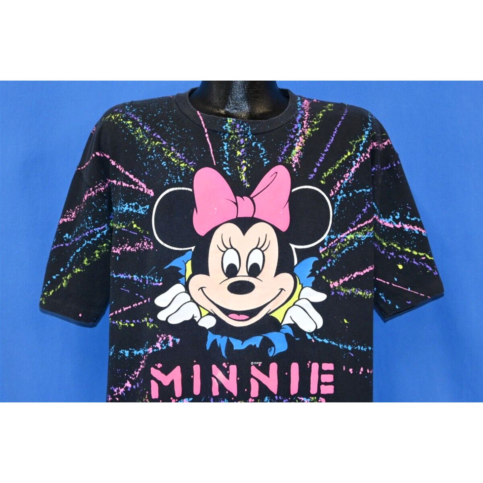 Image of VTG 90's Minnie Mouse All Over Walt Disney Splatter Paint Cartoon Neon T-Shirt XL in White, Men's