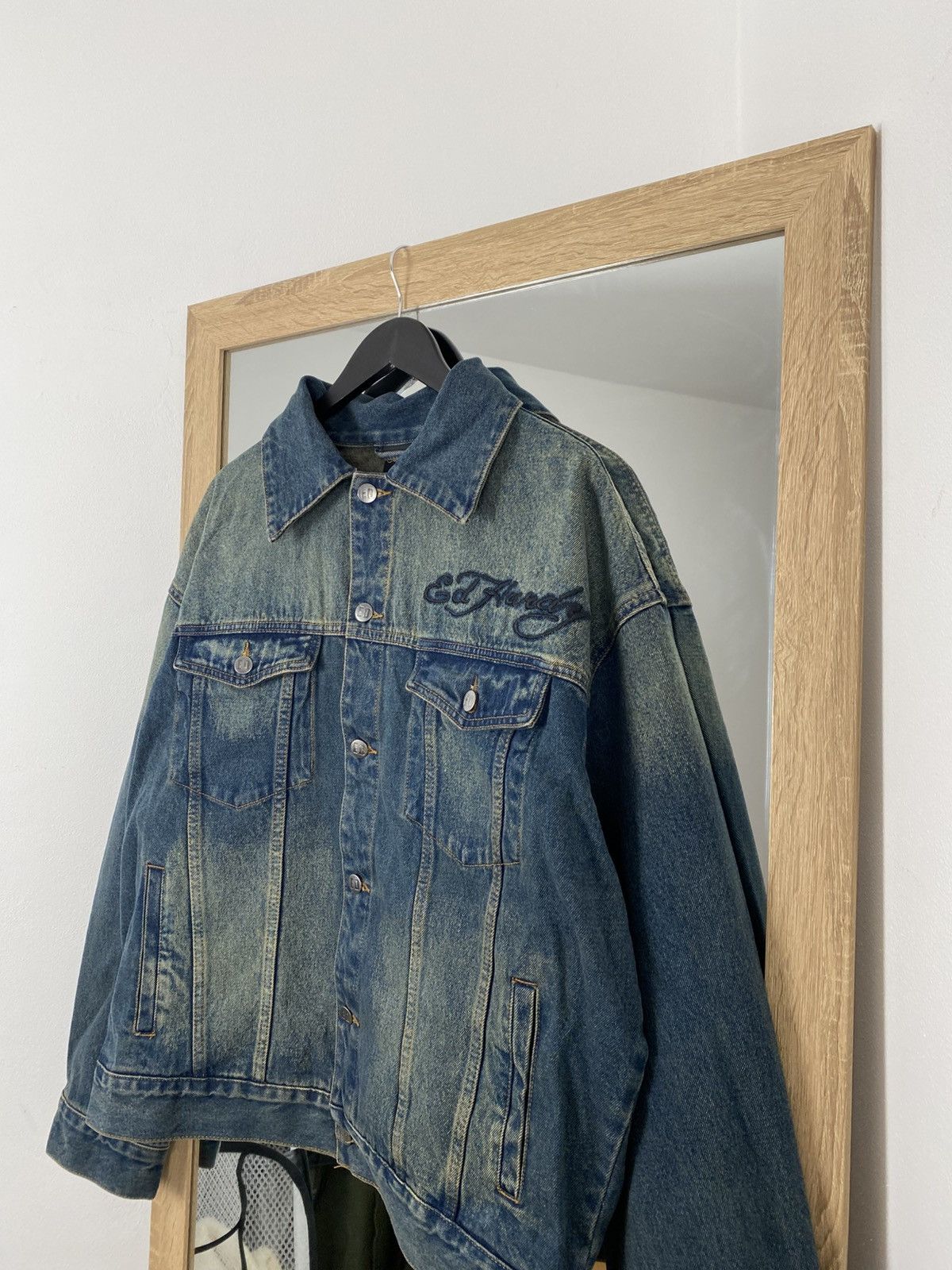 Oversized washed blue denim jacket big logo by Ed Hardy