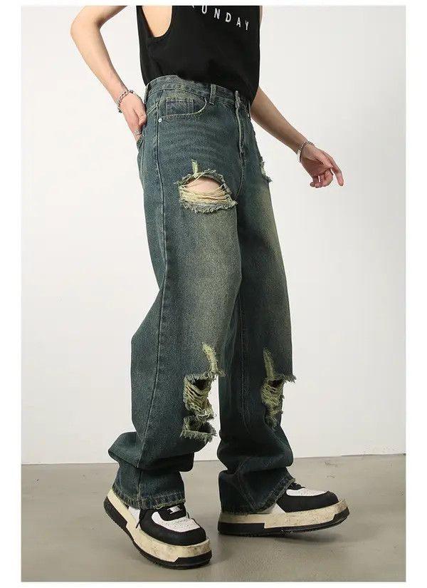 VIBE Japanese retro wide-leg loose straight-leg ripped jeans Size US 32 / EU 48 - 5 Thumbnail