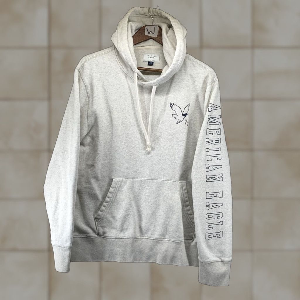 American Eagle Outfitters American Eagle Hoodie Men L Heather Gray Logo Sleeve Pullover Hooded All Seasons Graphic Print Size US L / EU 52-54 / 3 - 1 Thumbnail