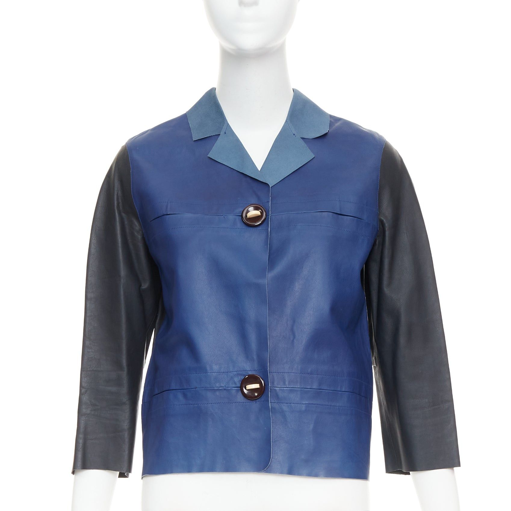 Marni MARNI blue black colorblocked calf leather geometric buttons cropped jacket IT40 S Size S / US 4 / IT 40 - 1 Thumbnail