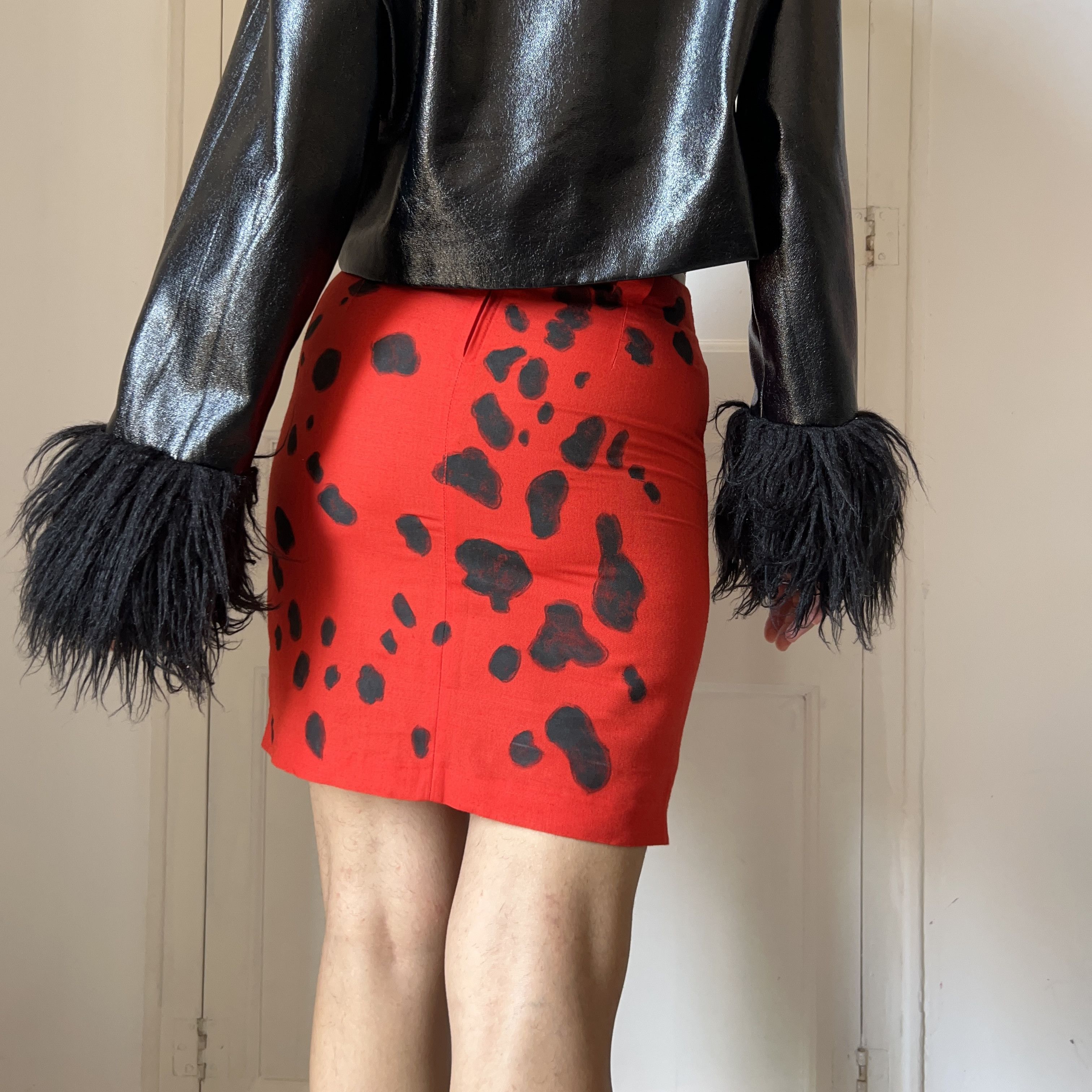 Custommade Painted Dalmatian Dog Red Linen Cotton Mini Skirt Size 27" / US 4 / IT 40 - 2 Thumbnail