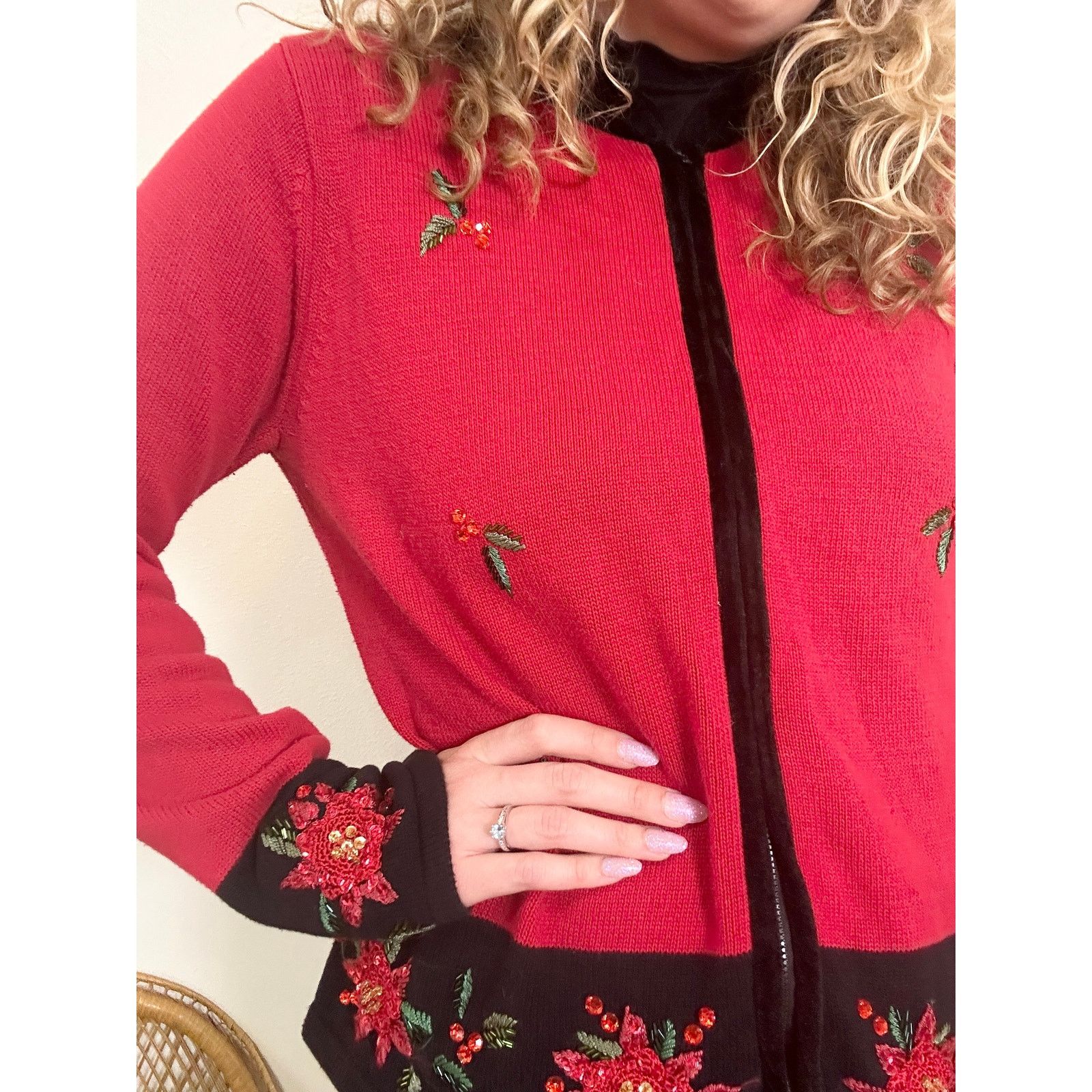 Serengeti Y2K Red Poinsettia Zip Holiday Christmas Cardigan XL Size XL / US 12-14 / IT 48-50 - 2 Thumbnail