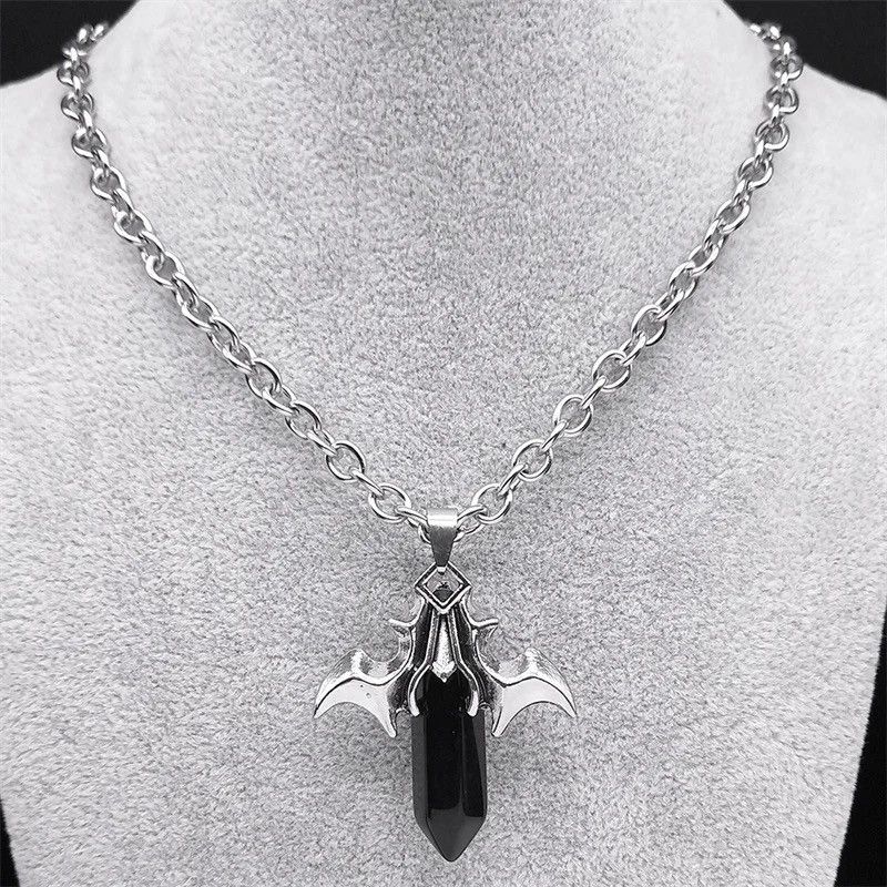 Jewelry Bat Wings Hexagonal Black Stone Necklace Size ONE SIZE - 1 Thumbnail