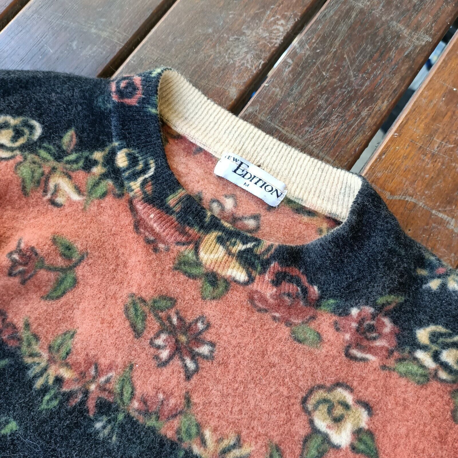 Other Vintage 80s 90s Sweater Orange Floral Striped Lambswool Size M / US 6-8 / IT 42-44 - 5 Thumbnail