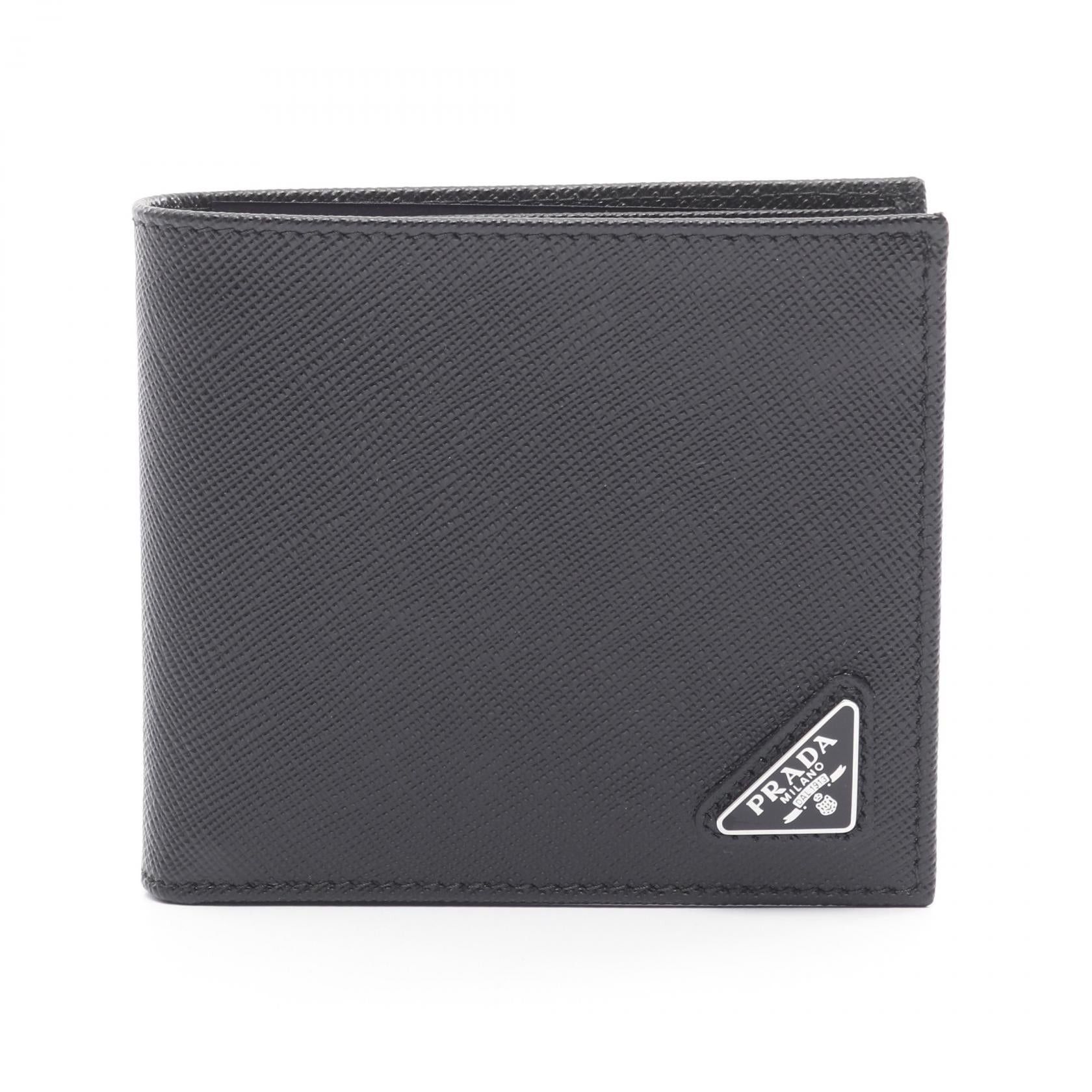Prada Prada Saffiano Triang Bi-Fold Wallet Leather Black Size ONE SIZE - 1 Thumbnail