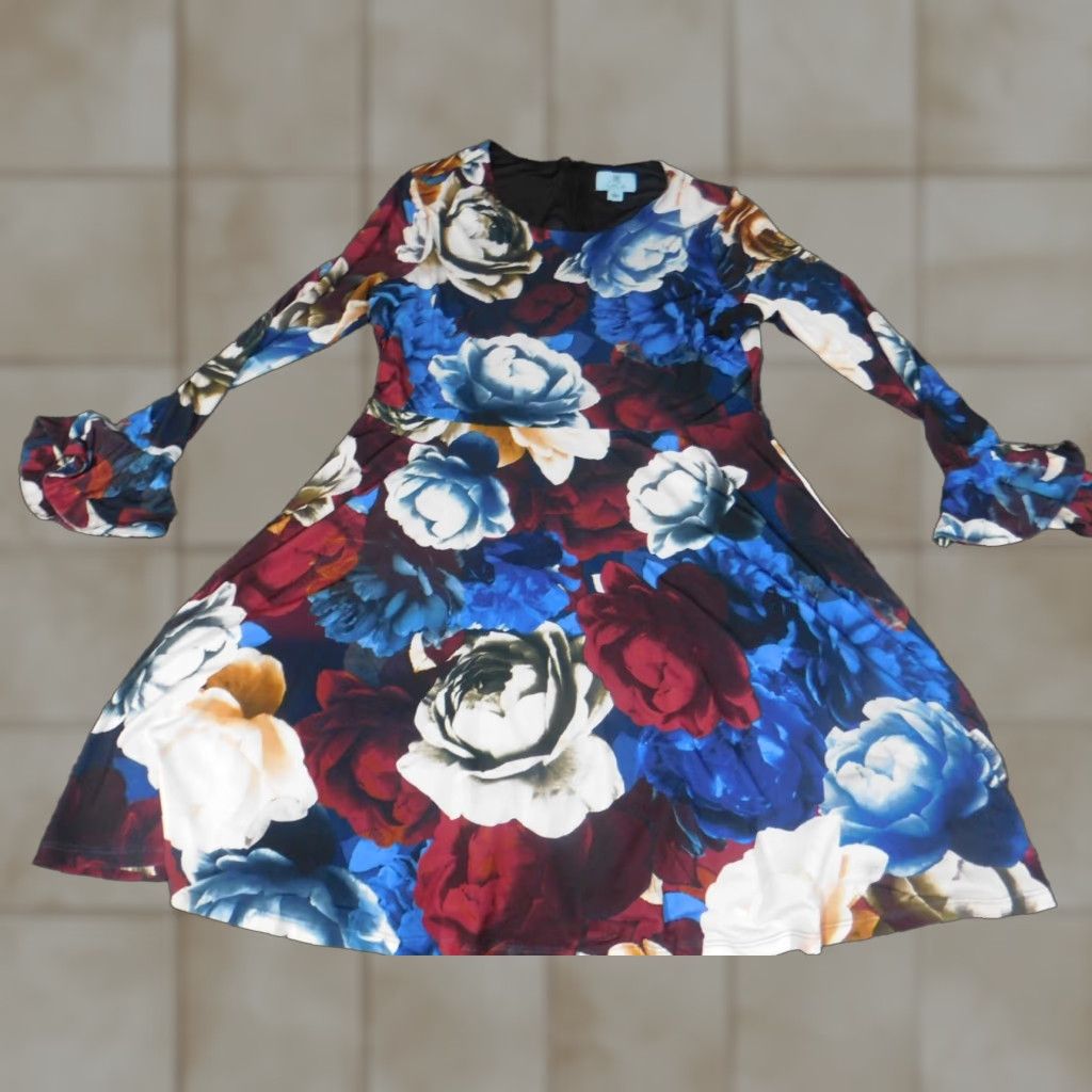 Vintage CeCe L'amour CeCe Womens Dress A-Line Floral Blue Knee Length L/Ruffle/Stretch/Polyester Rayon Knee Length L Women Casual, Business - Fall Summer Size L / US 10 / IT 46 - 1 Thumbnail
