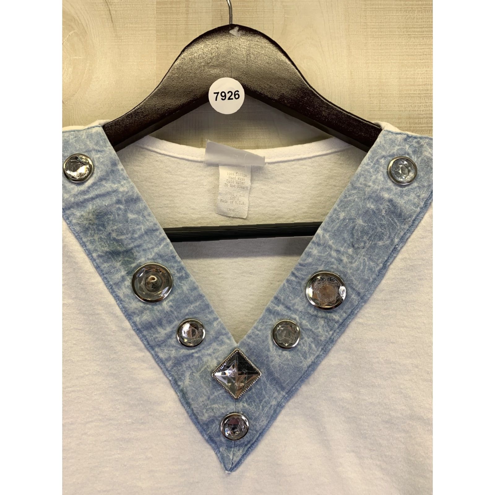 Denime VINTAGE 1990s Made in USA Faux Denim Jewled Collar Womens Shirt L White/Blue 1990s Womens Shirt Size L / US 10 / IT 46 - 4 Thumbnail