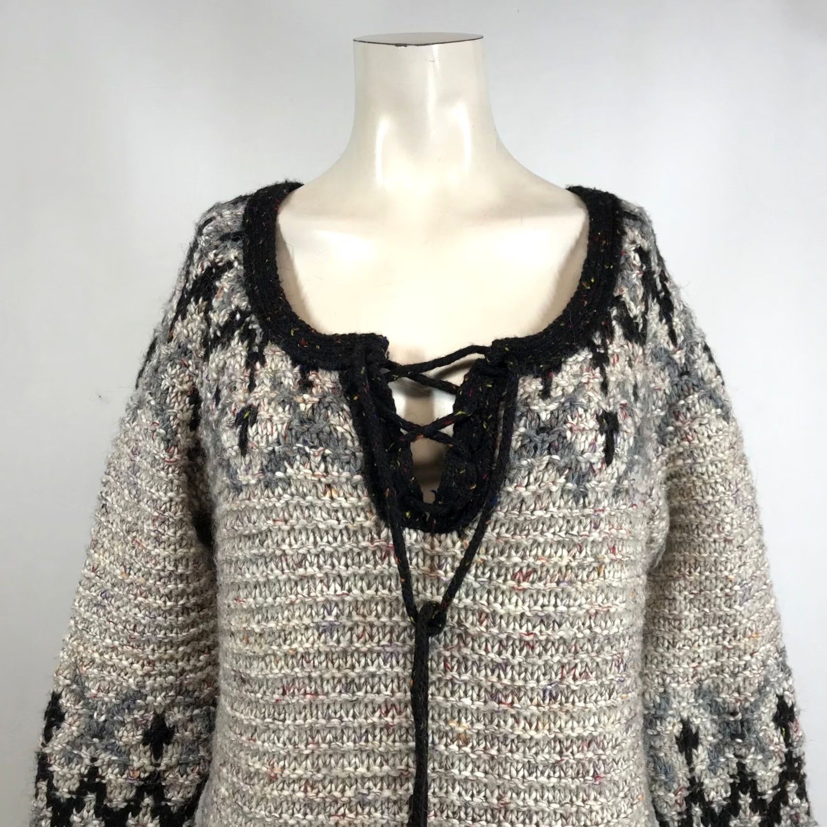 Free People Free People Fair Isle Lace-Up Chunky Knit Sweater Womens M Black Grey Cream Multicolor Casual Winter Sweater Size M / US 6-8 / IT 42-44 - 2 Thumbnail