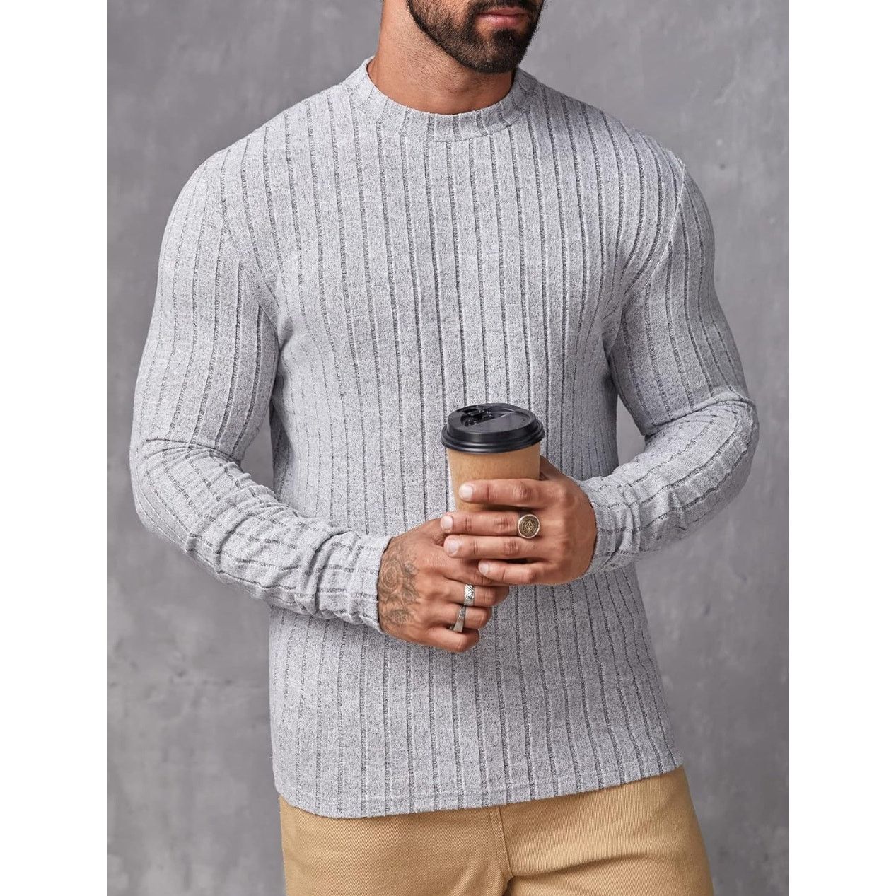 The Unbranded Brand Size Large Men Mock Neck Ribbed Knit shirt gray Size US L / EU 52-54 / 3 - 5 Thumbnail