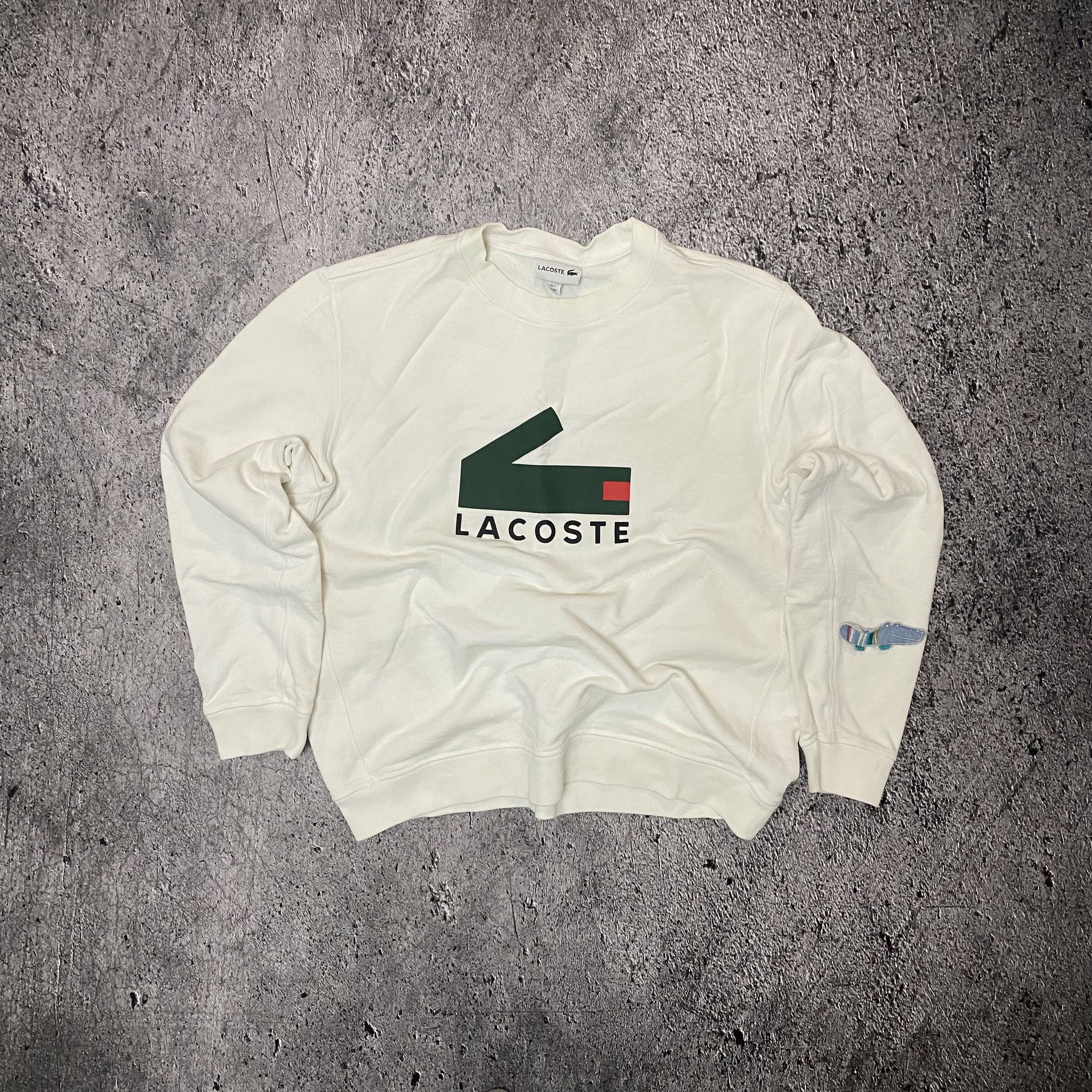 Pre-owned Lacoste Crew Neck Big Logo Sweatshirt In White
