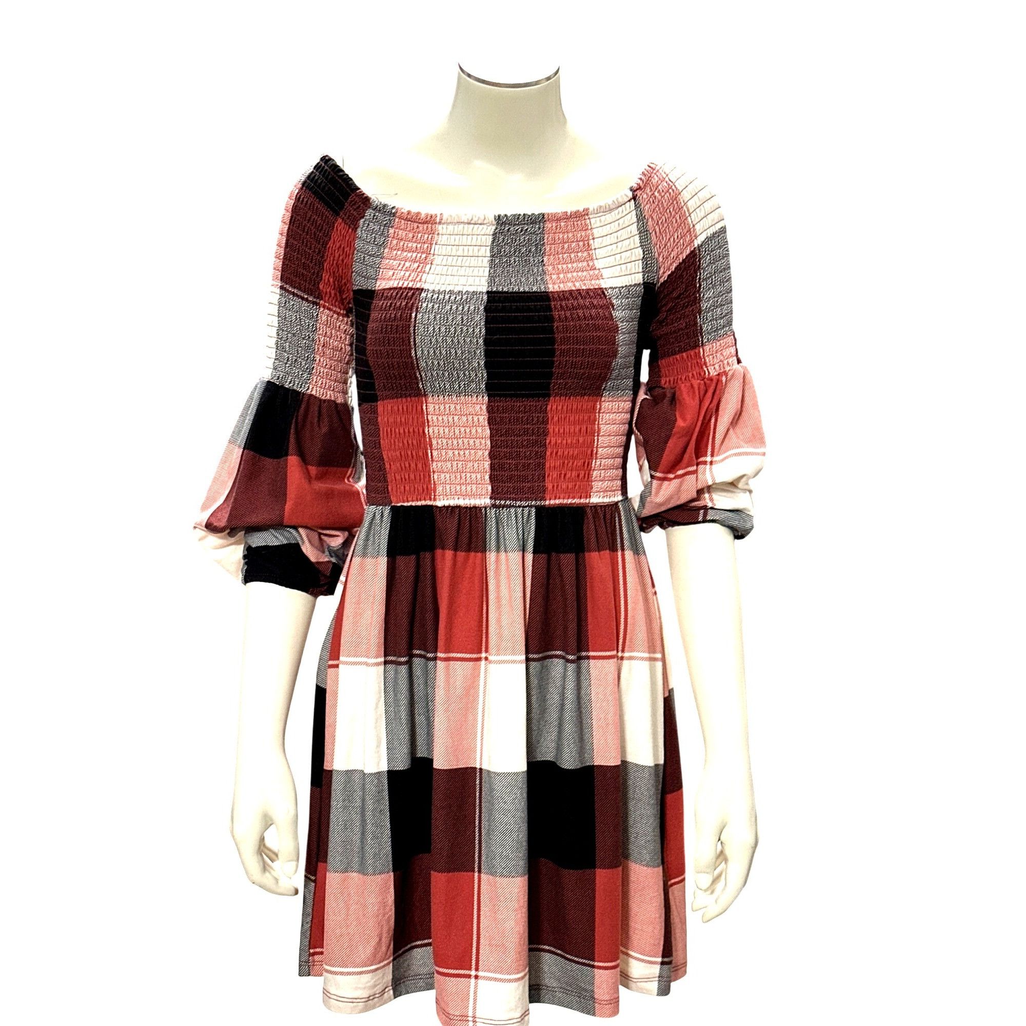 Other 205 Collins Red Plaid Smocked Off Shoulder Flare Mini Dress Size S / US 4 / IT 40 - 2 Thumbnail