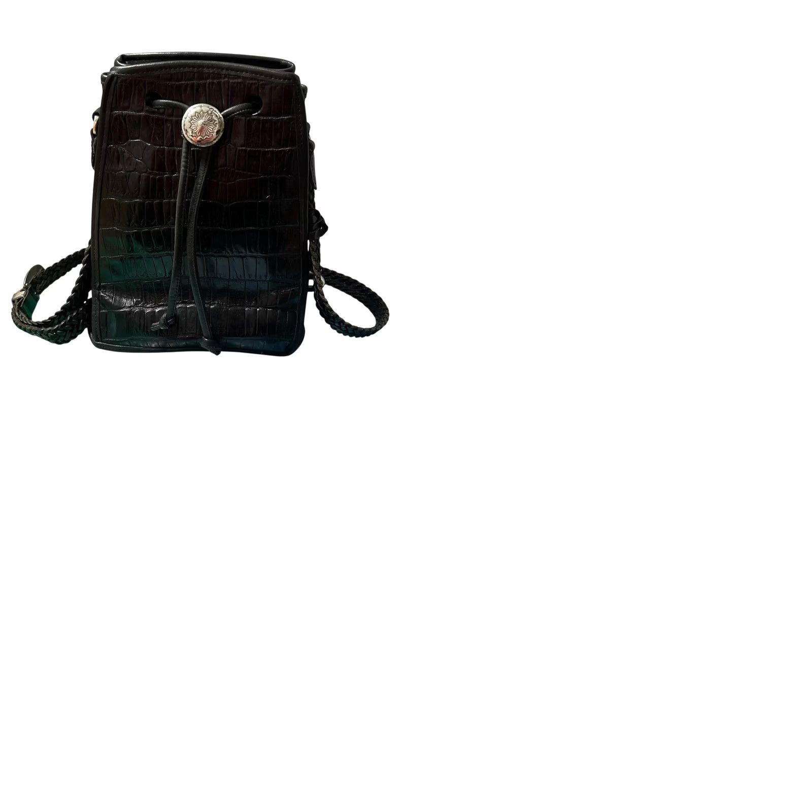 Brighton VINTAGE Brighton Black Leather Croc Embossed Drawstring Bucket Shoulder Bag Purse VTG Womens Small Crossbody Nature: Designer 90s Size ONE SIZE - 11 Thumbnail