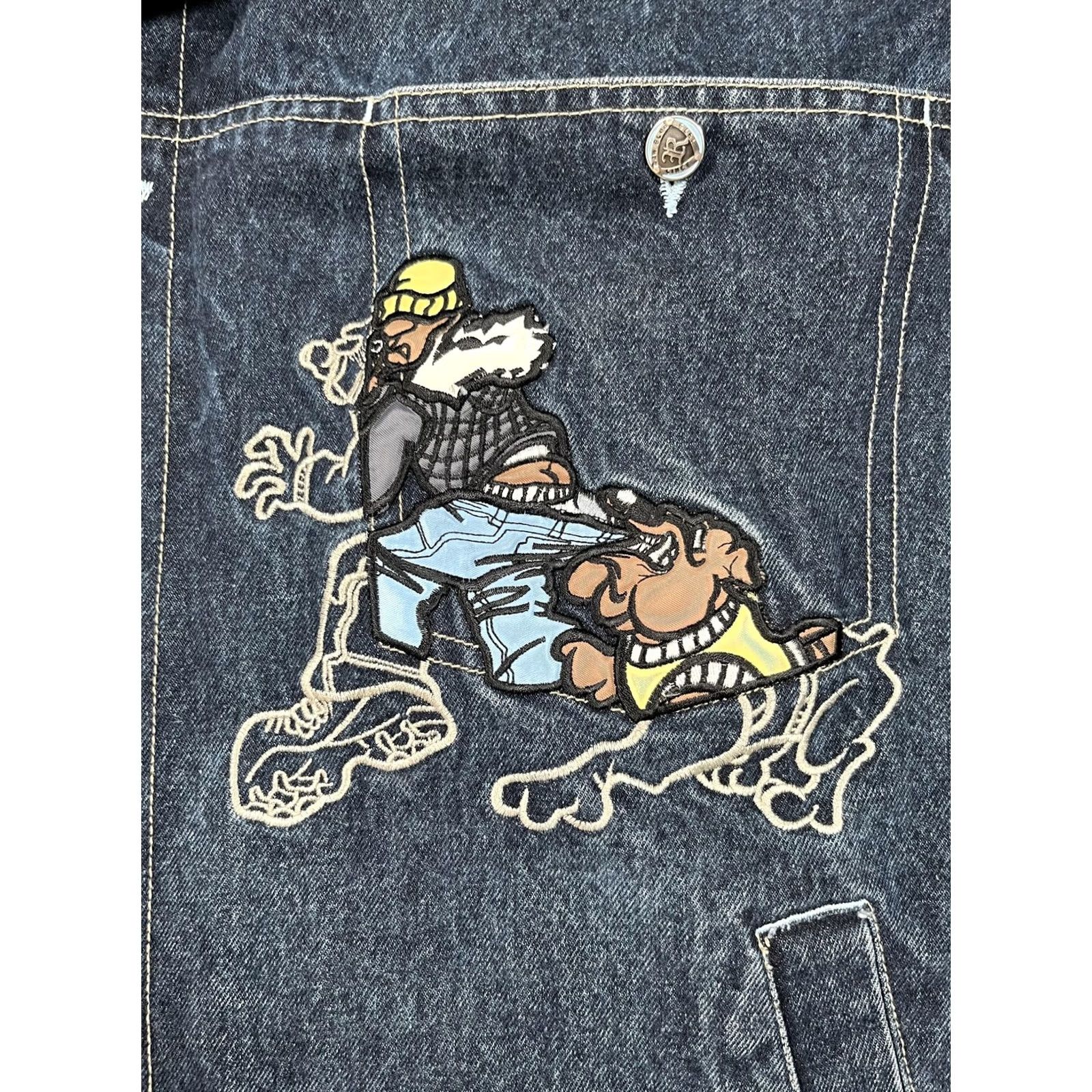 Denime Raw Blue Denim Jacket Mens 2XL Embroidered Bulldog Graphic Dis my Crib Applique Size US XXL / EU 58 / 5 - 5 Thumbnail