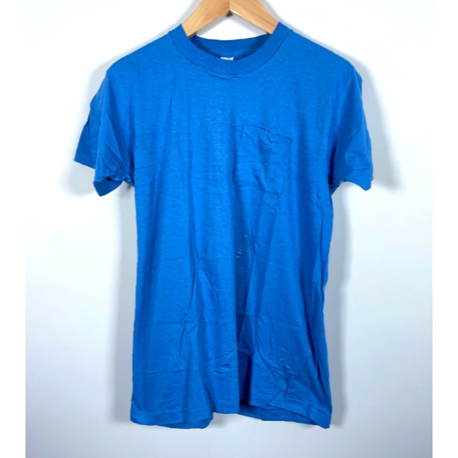 Fruit Of The Loom VINTAGE Fruit of the Loom T-Shirt Pocket Blue 80s XL Large Men Mens Short Sleeve Crew Neck Solid Cotton 100% Single Stitch Retro 80s Theme Size US L / EU 52-54 / 3 - 2 Thumbnail