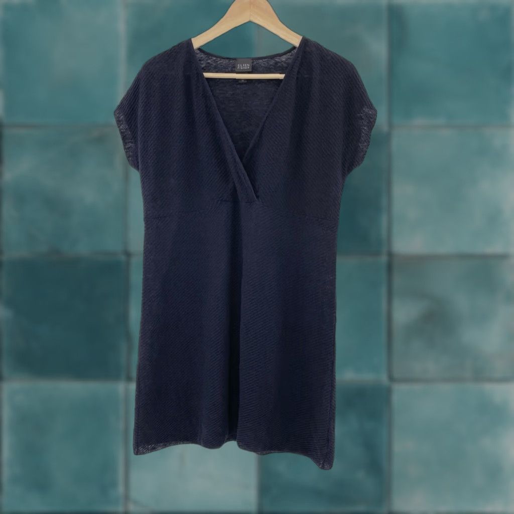 Eileen Fisher Eileen Fisher Navy Blue V-Neck Faux Wrap Knit Dress XS Linen Short Sleeve Casual Lightweight A-Line Classic Womens Size XS / US 0-2 / IT 36-38 - 1 Thumbnail