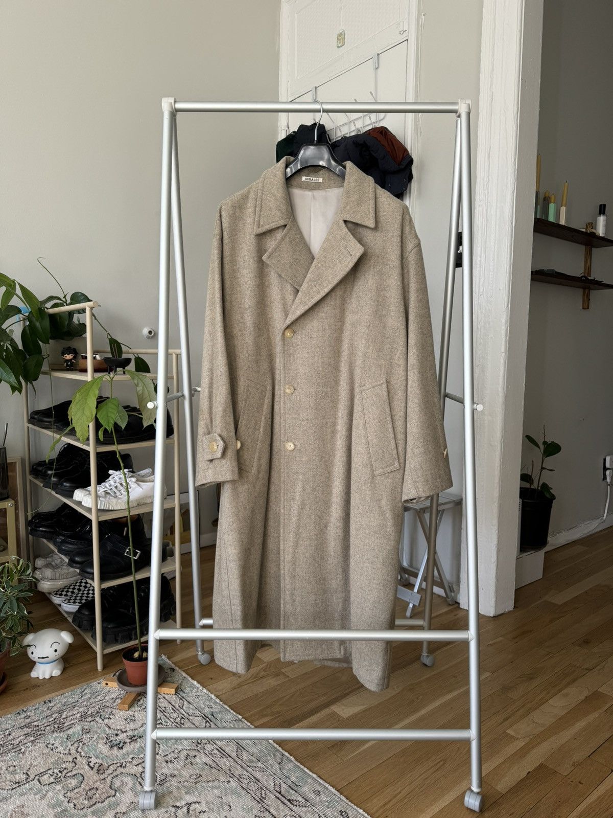 image of Auralee Super Milled Shetland Field Oversized Coat in Grey Beige, Men's (Size Medium)