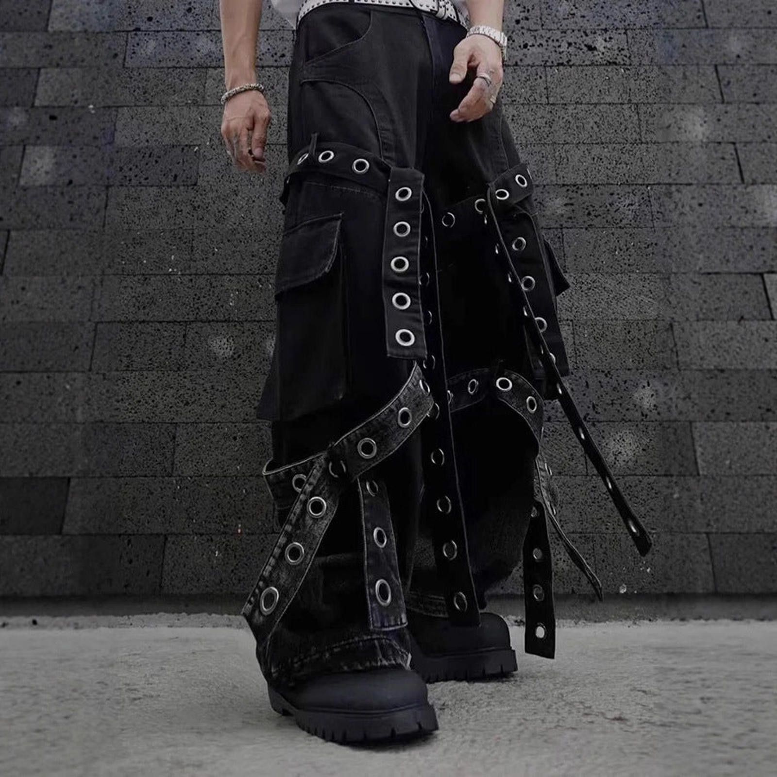 Japanese Brand Black Harness Cargo Pants - Multi-Strap Gothic Denim Size US 32 / EU 48 - 2 Thumbnail