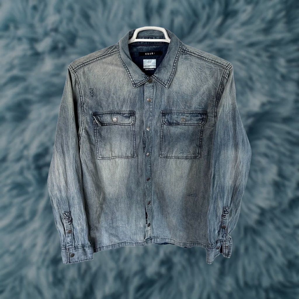 Ksubi Ksubi Shirt Denim Button-Up Long Sleeve Collared Snap Blue Light Washed Scorpion Overshirt XL Mens Regular Pocketed Size US XL / EU 56 / 4 - 1 Thumbnail