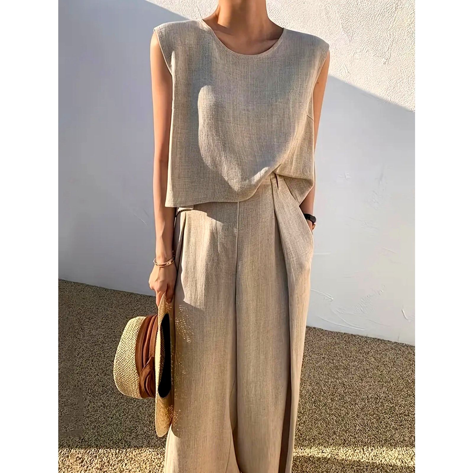 Other Casual 2 Pc Sleeveless Crew Neck Pleated Pant Set Khaki 12 Size 30" / US 8 / IT 44 - 2 Thumbnail