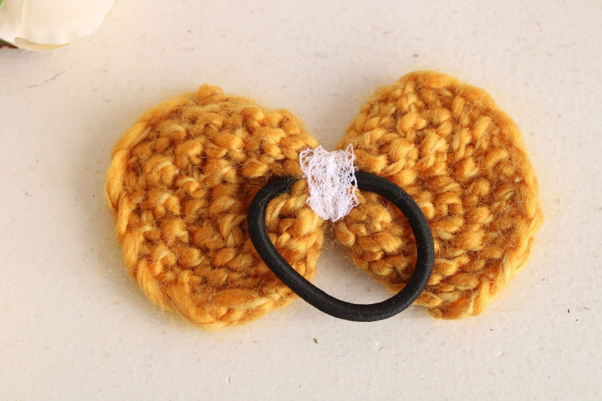 Handmade Knit Hair Bow, Handknitted Golden Yellow Ponytail Holder or Size ONE SIZE - 6 Thumbnail