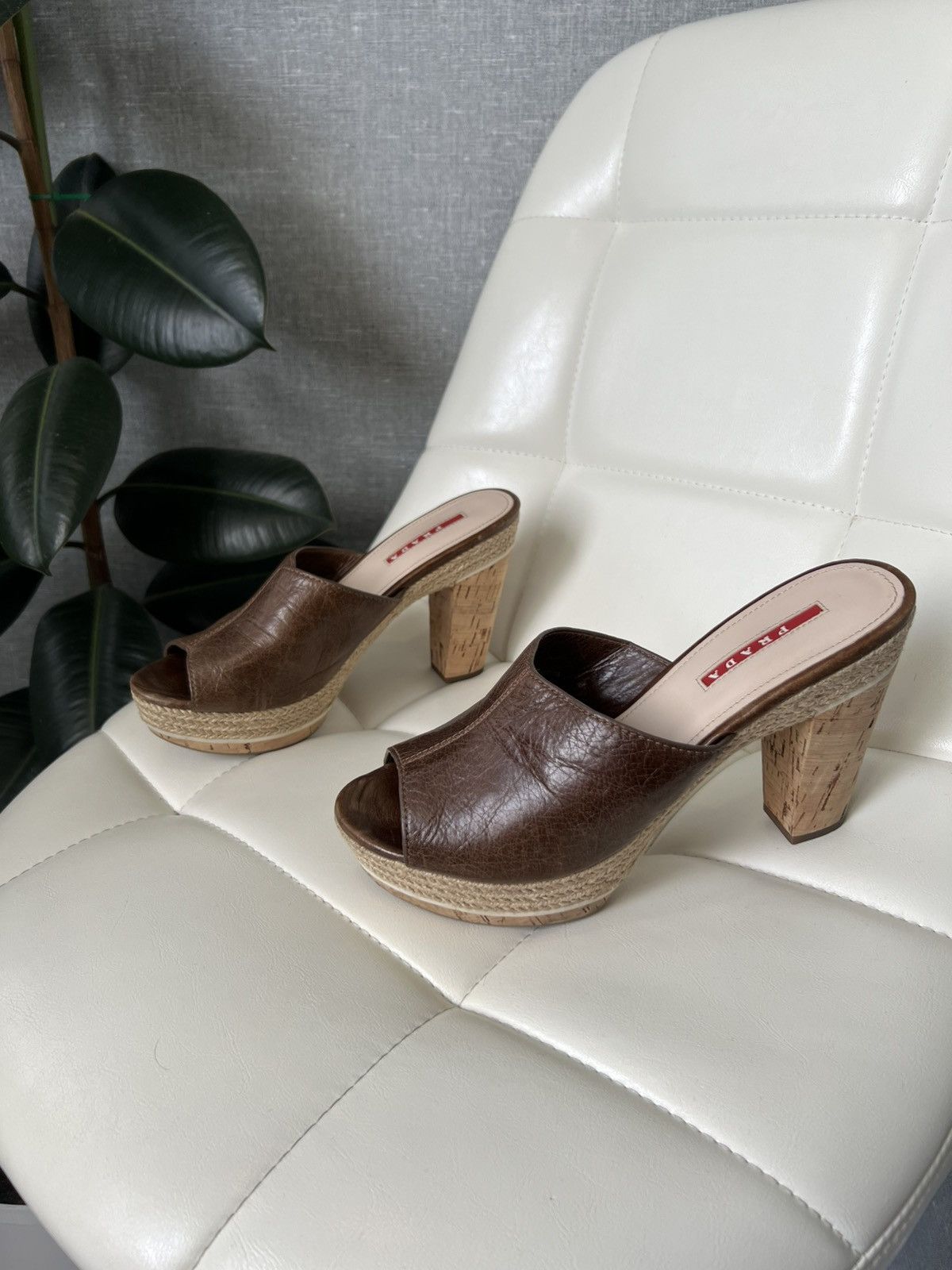 Prada Prada Leather Platform Mules Cork Heels Woven Trim Sandals Size US 8 / IT 38 - 2 Thumbnail