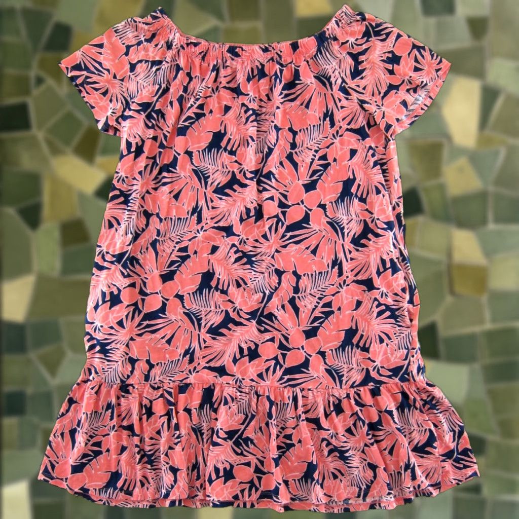 Lands' End Lands' End 100% Cotton Pink Blue Floral Off Shoulder Pocket Tunic Dress Large Size L / US 10 / IT 46 - 1 Thumbnail