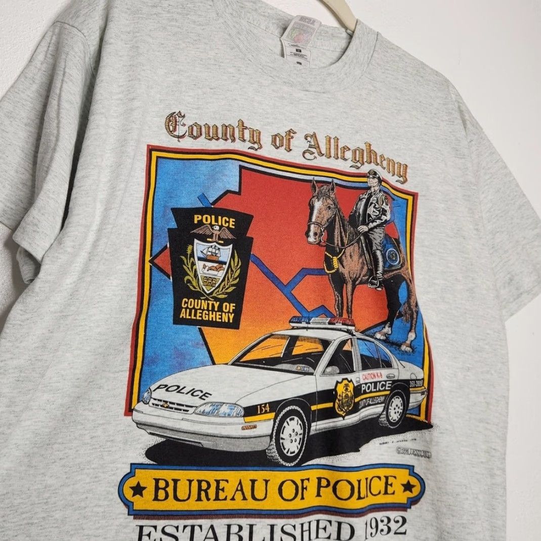 Fruit Of The Loom VINTAGE Allegheny Bureau Police Art Car Horse Gray Large Shirt Unisex Adults 90s Size US L / EU 52-54 / 3 - 2 Thumbnail