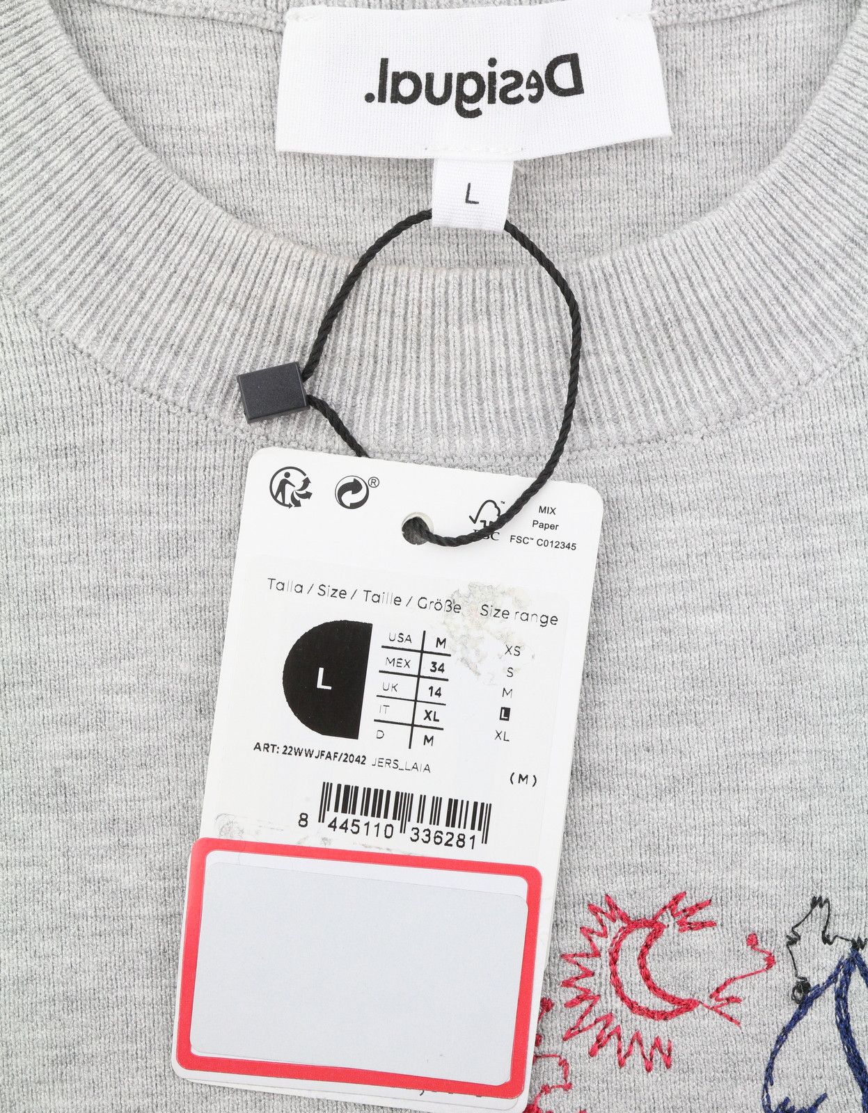 Desigual JERS LAIA L Grey Melange Embroidered Knit Jumper 88767 Size L / US 10 / IT 46 - 8 Thumbnail