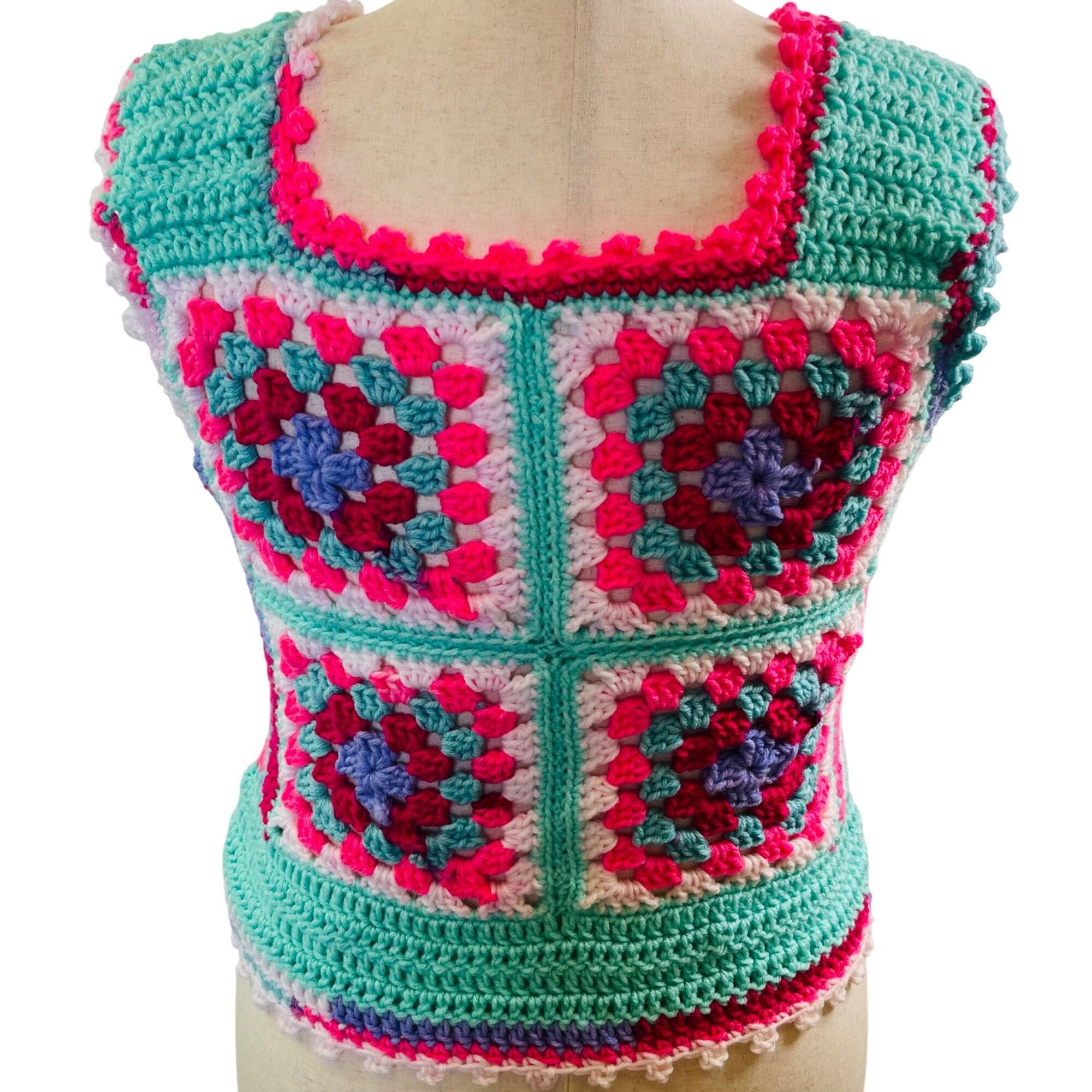 Handmade Crochet Vest Tank Top Retro 70's Hippie Granny Square Rib Ti Size ONE SIZE - 1 Thumbnail