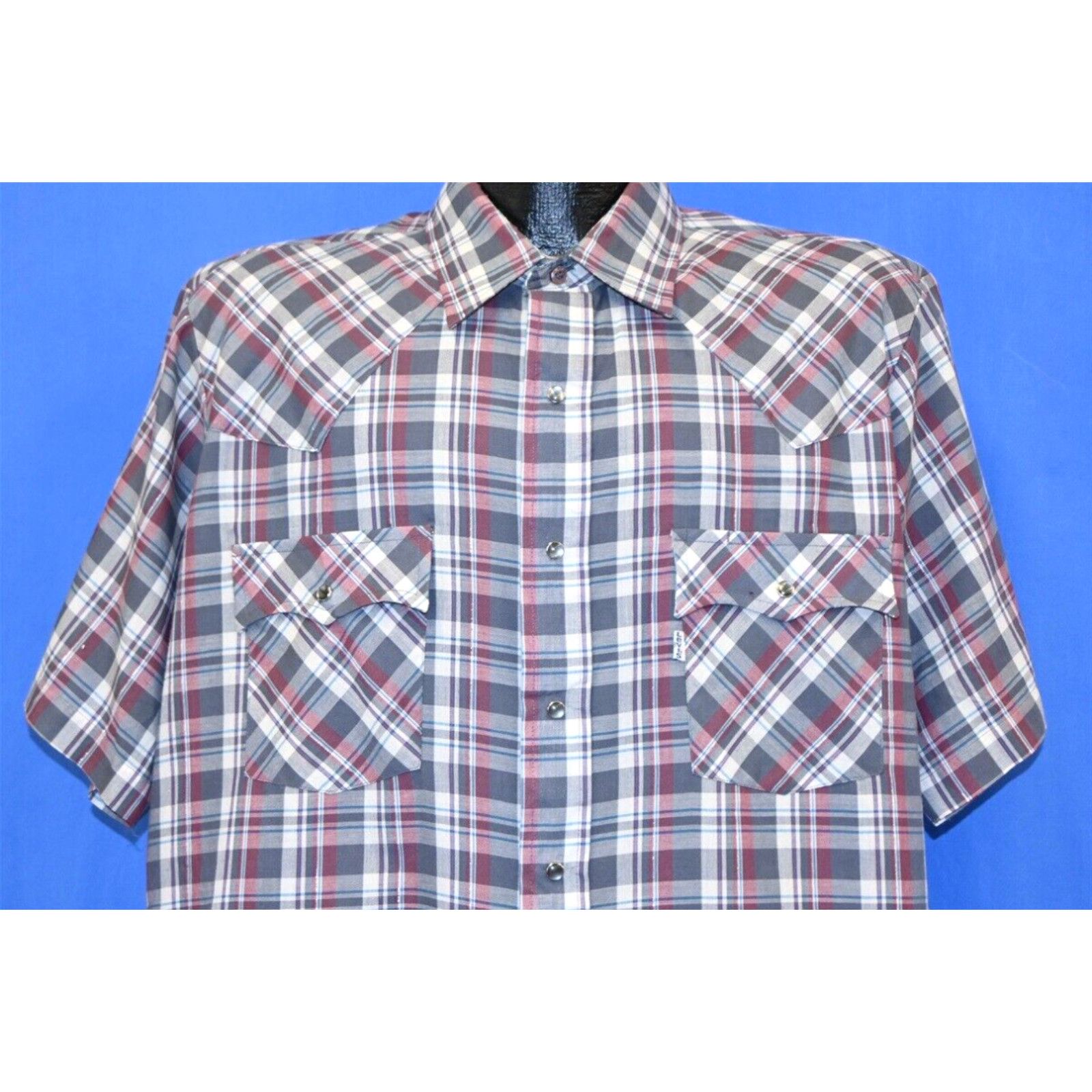 image of Vintage VTG 90's Levis Gray Red Silver Plaid Pocket Western Pearl Snap Cowboy Shirt XL in White