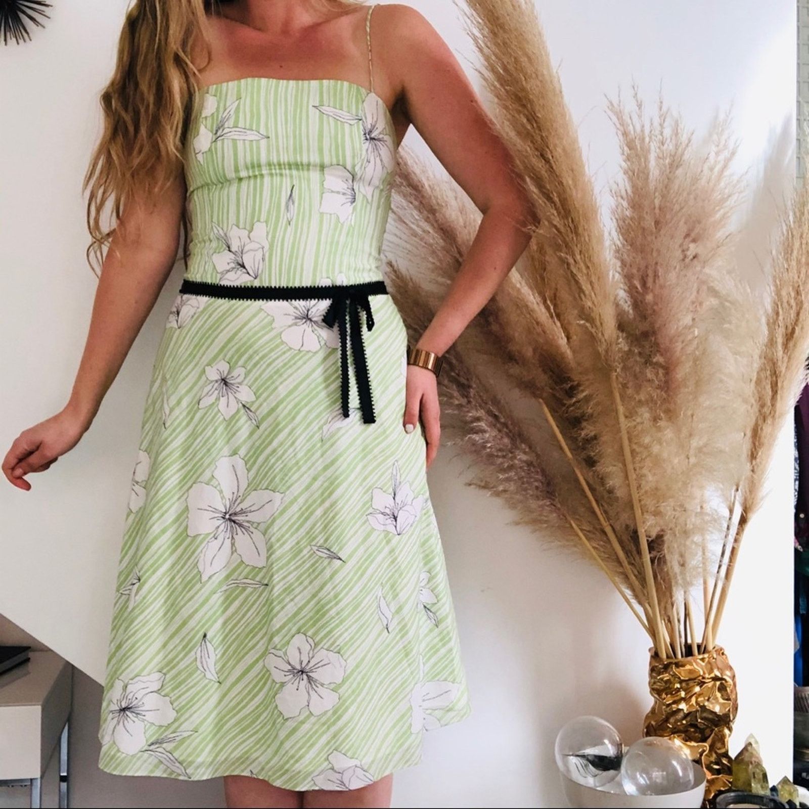 Vintage VINTAGE WANG Green White Striped Floral Tank Black Dress Size M / US 6-8 / IT 42-44 - 1 Thumbnail