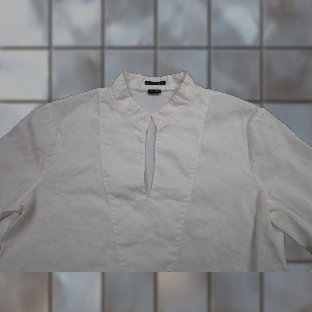 Theory Blouse Womens L White Linen Blend Tunic V Neck Long Sleeve Ottavia Top