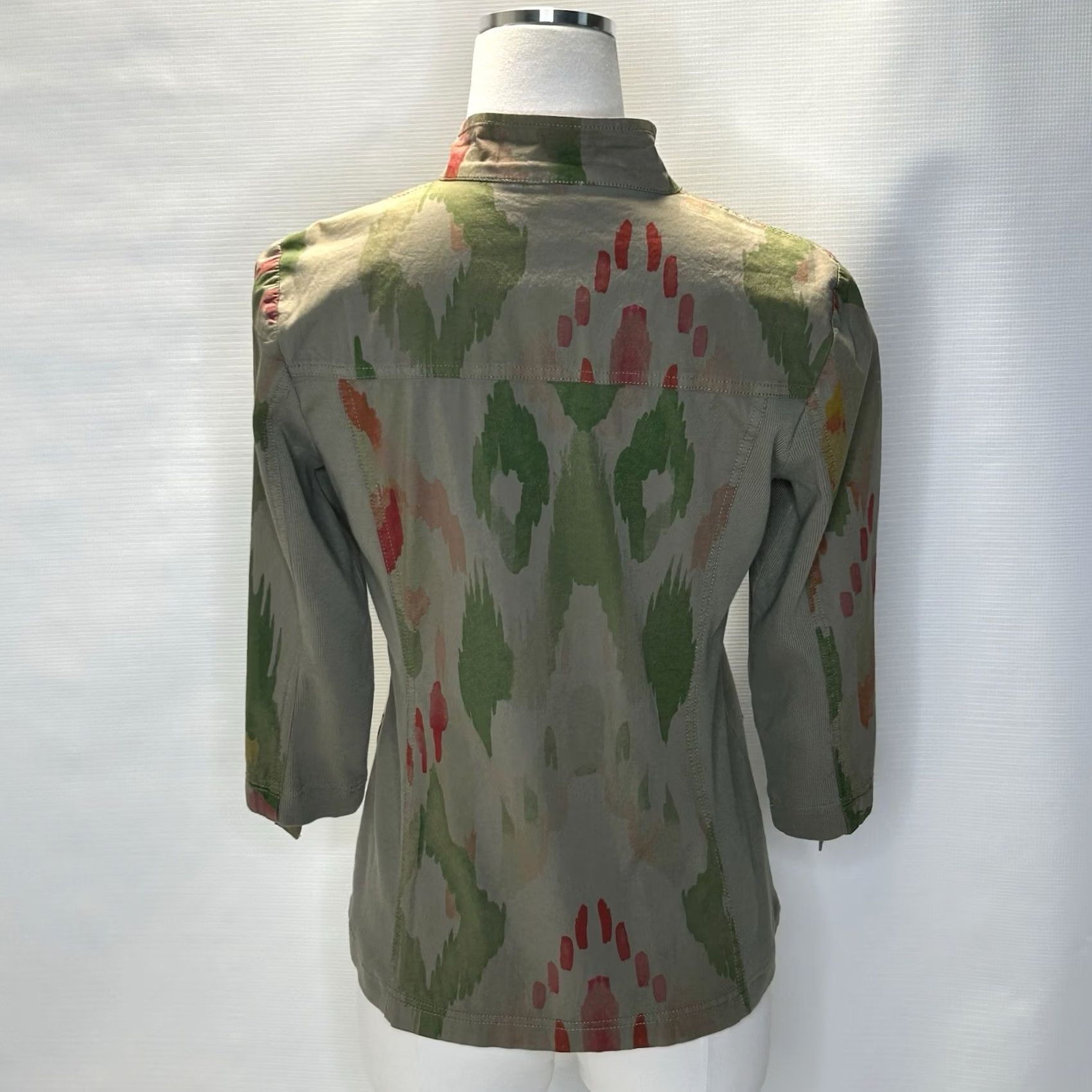 Vintage Chicos Jacket Womens S Small Green Ikat Utility Zip Up 3/4 Sleeve Zipper Front Pockets Bohemian All Seasons Size S / US 4 / IT 40 - 6 Thumbnail