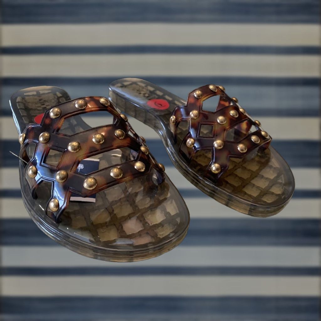 Vince Camuto VP-Carron Tortoise Jelly Sandals Women Size 6M Leopard PVC Slide Flat