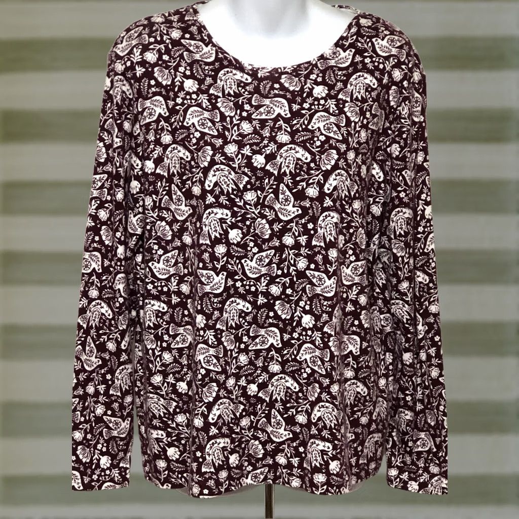 Croft & Barrow Croft & Barrow Top L Burgundy Floral Dove Birds LongSleeve Jersey Cottage Comfy Size L / US 10 / IT 46 - 1 Thumbnail