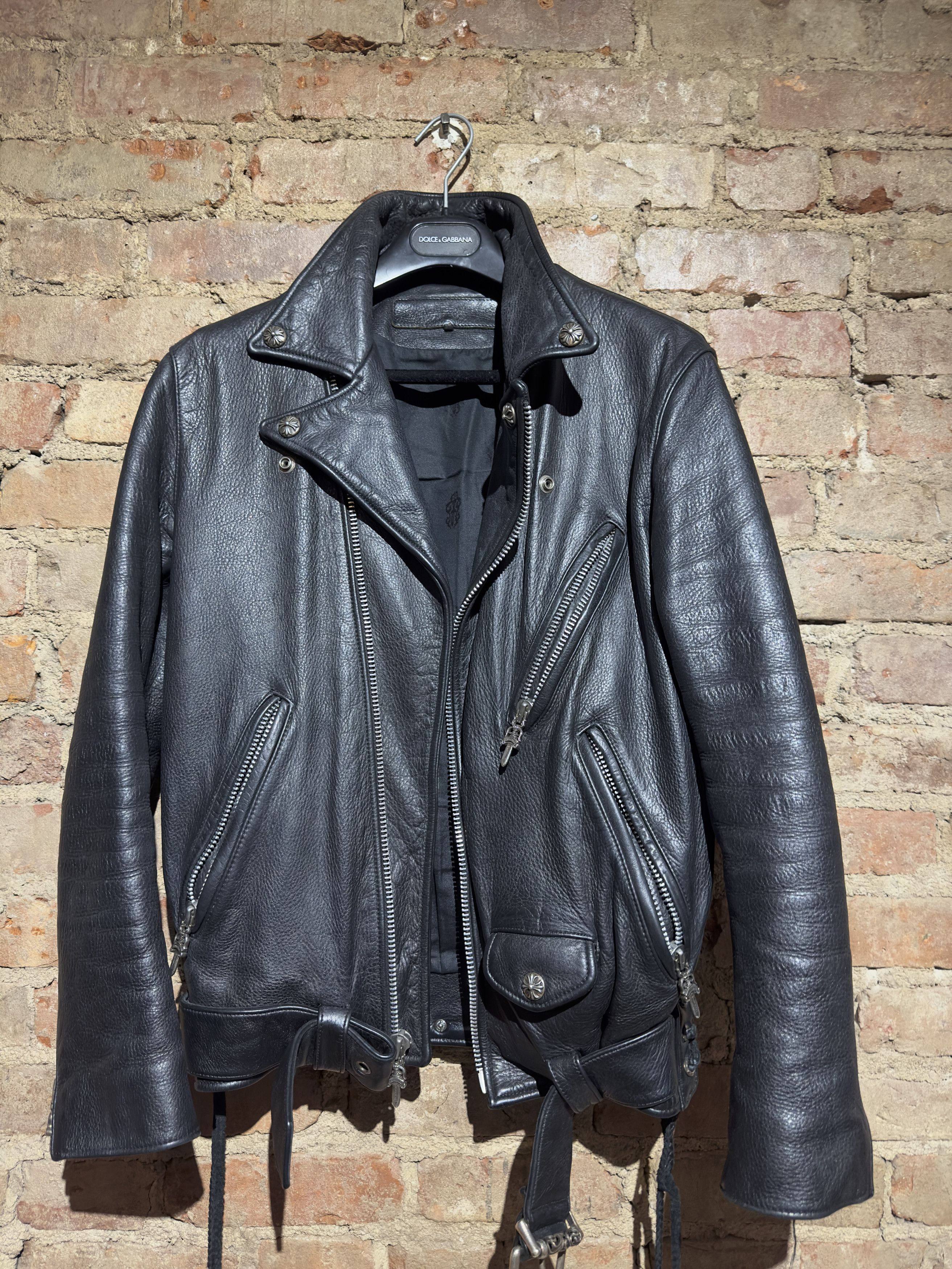 image of Chrome Hearts Leather Jj Dean Leather Biker Jacket in Black, Men's (Size Medium)
